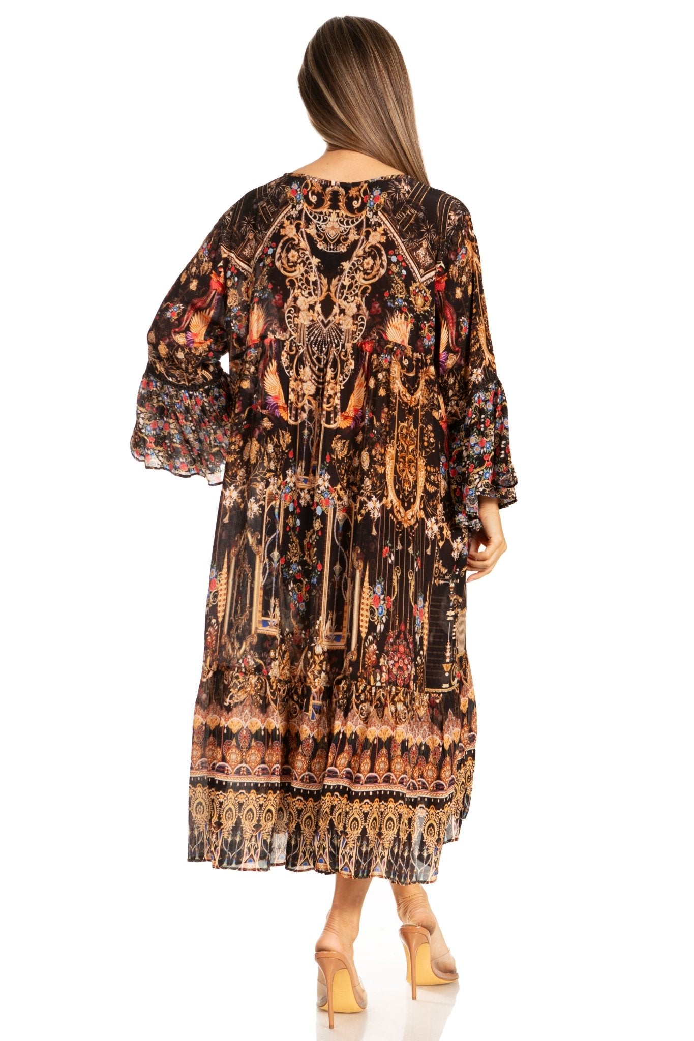 Sakkas Womens 3/4 Ruffled Sleeves Henley Neck Summer Short Flowy Dress/Beachwear dresses La Vie Bien Sakkas Womens 3/4 Ruffled Sleeves Henley Neck Summer Short Flowy Dress/Beachwear
