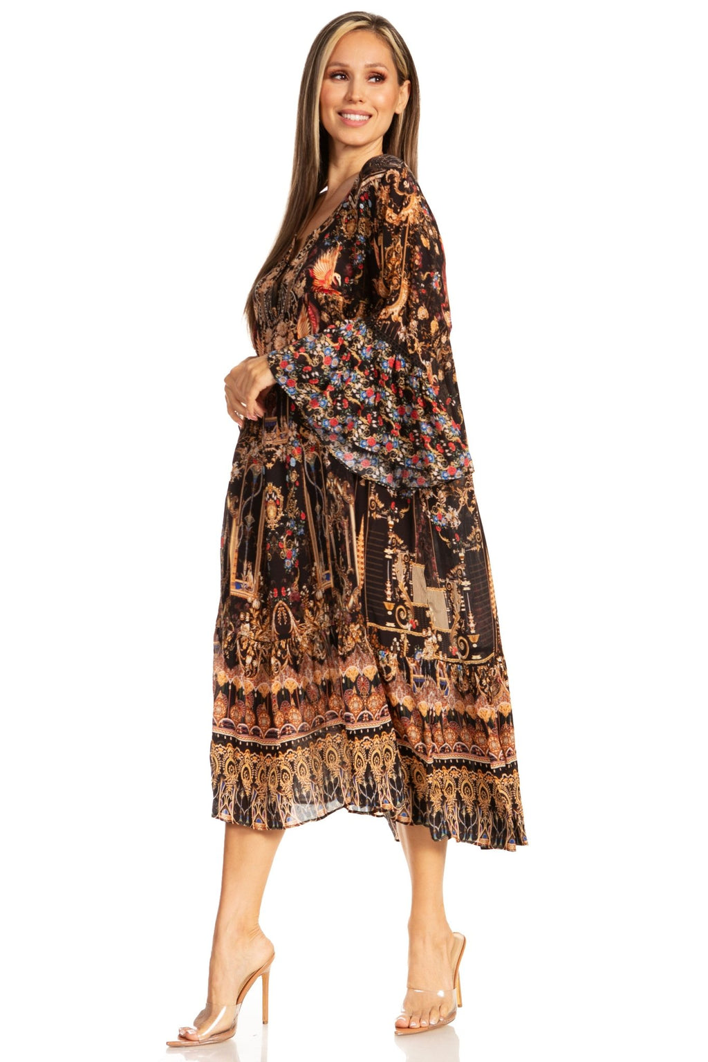 Sakkas Womens 3/4 Ruffled Sleeves Henley Neck Summer Short Flowy Dress/Beachwear dresses La Vie Bien Sakkas Womens 3/4 Ruffled Sleeves Henley Neck Summer Short Flowy Dress/Beachwear