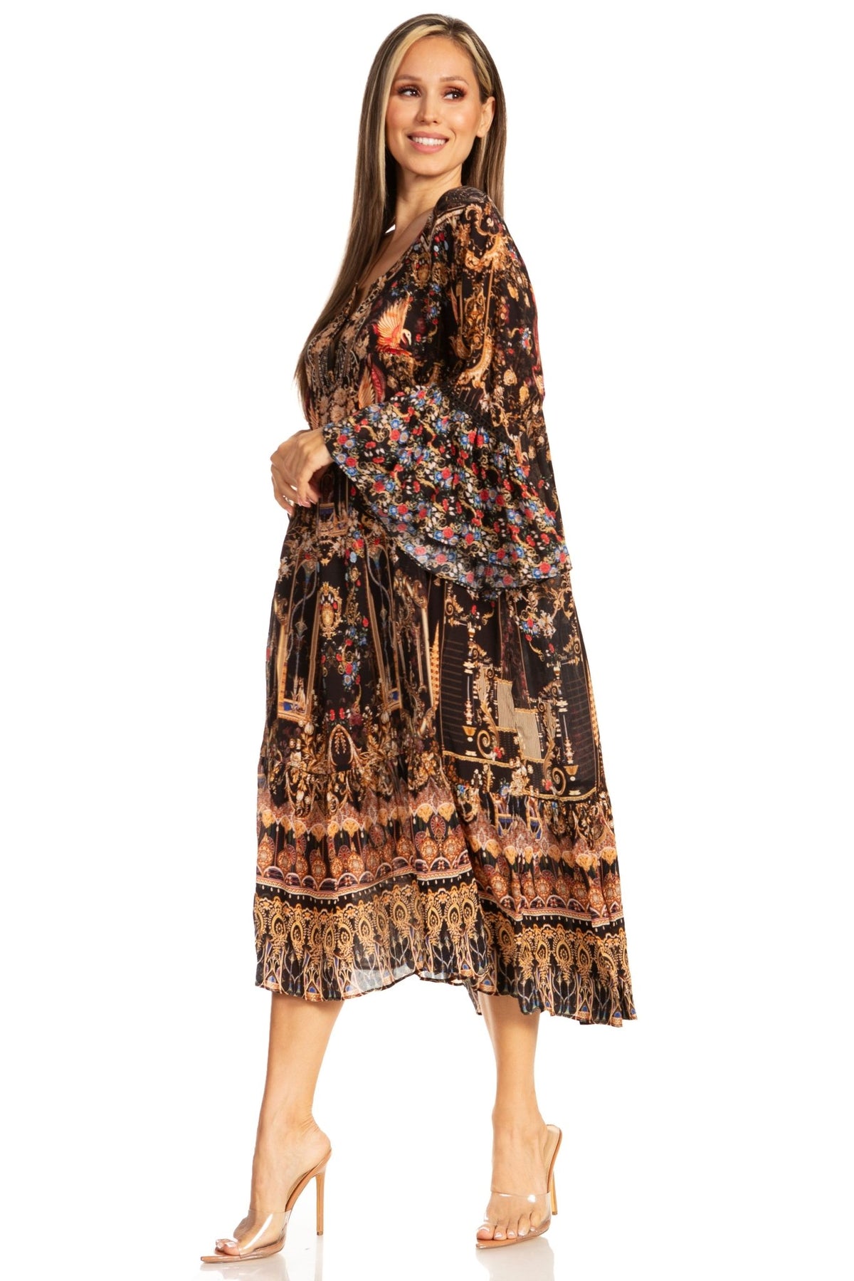 Sakkas Womens 3/4 Ruffled Sleeves Henley Neck Summer Short Flowy Dress/Beachwear dresses La Vie Bien Sakkas Womens 3/4 Ruffled Sleeves Henley Neck Summer Short Flowy Dress/Beachwear