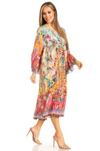 Sakkas Womens 3/4 Ruffled Sleeves Henley Neck Summer Short Flowy Dress/Beachwear dresses La Vie Bien Sakkas Womens 3/4 Ruffled Sleeves Henley Neck Summer Short Flowy Dress/Beachwear