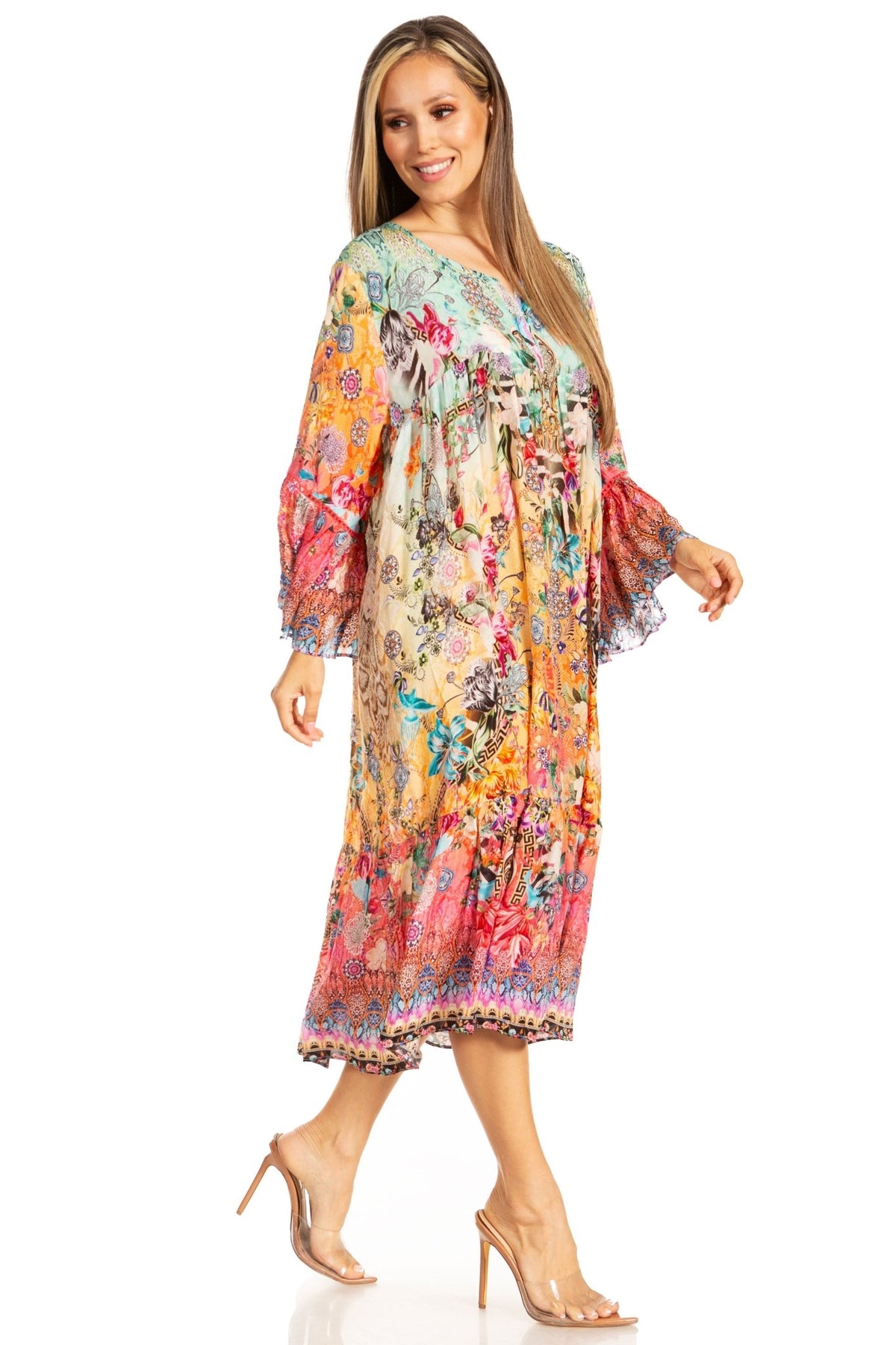 Sakkas Womens 3/4 Ruffled Sleeves Henley Neck Summer Short Flowy Dress/Beachwear dresses La Vie Bien Sakkas Womens 3/4 Ruffled Sleeves Henley Neck Summer Short Flowy Dress/Beachwear
