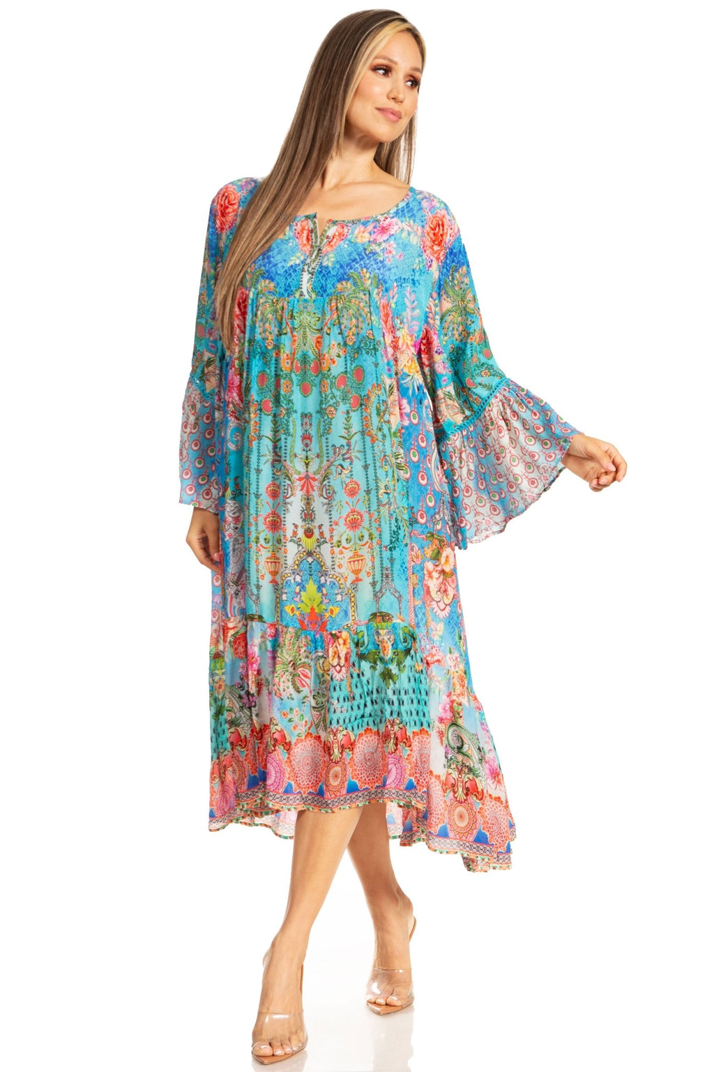 Sakkas Womens 3/4 Ruffled Sleeves Henley Neck Summer Short Flowy Dress/Beachwear dresses La Vie Bien Sakkas Womens 3/4 Ruffled Sleeves Henley Neck Summer Short Flowy Dress/Beachwear