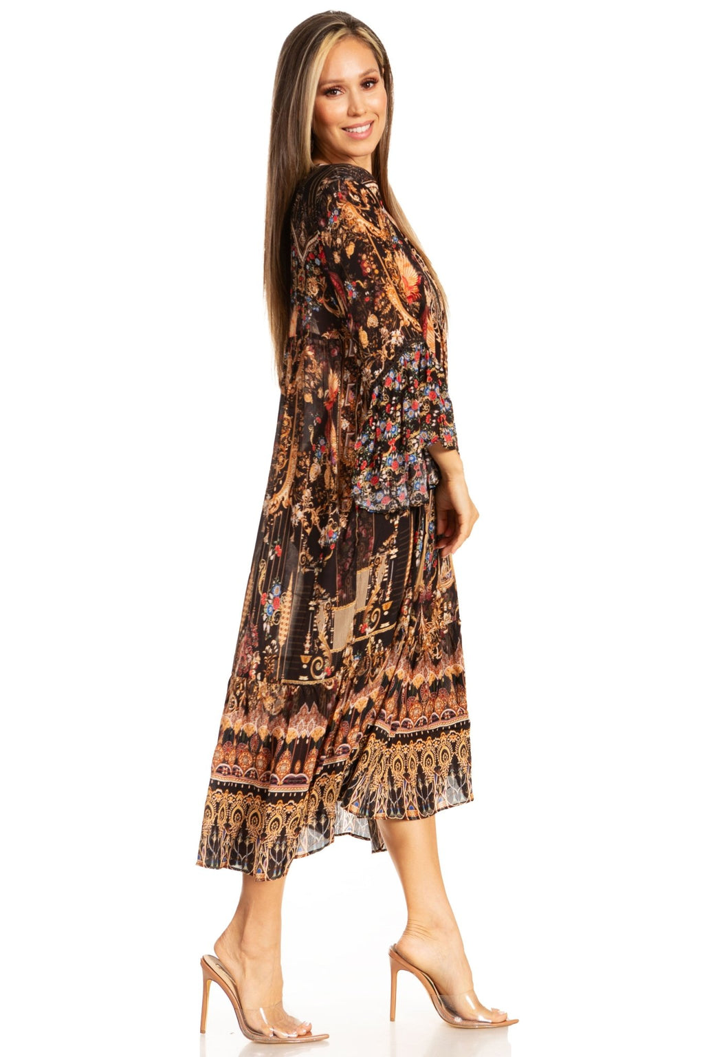 Sakkas Womens 3/4 Ruffled Sleeves Henley Neck Summer Short Flowy Dress/Beachwear dresses La Vie Bien Sakkas Womens 3/4 Ruffled Sleeves Henley Neck Summer Short Flowy Dress/Beachwear