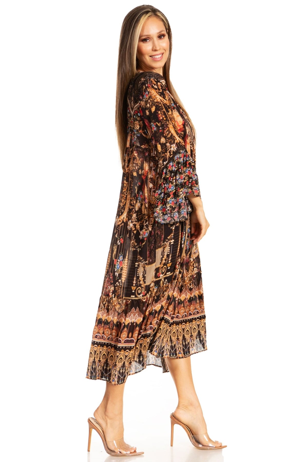 Sakkas Womens 3/4 Ruffled Sleeves Henley Neck Summer Short Flowy Dress/Beachwear dresses La Vie Bien Sakkas Womens 3/4 Ruffled Sleeves Henley Neck Summer Short Flowy Dress/Beachwear