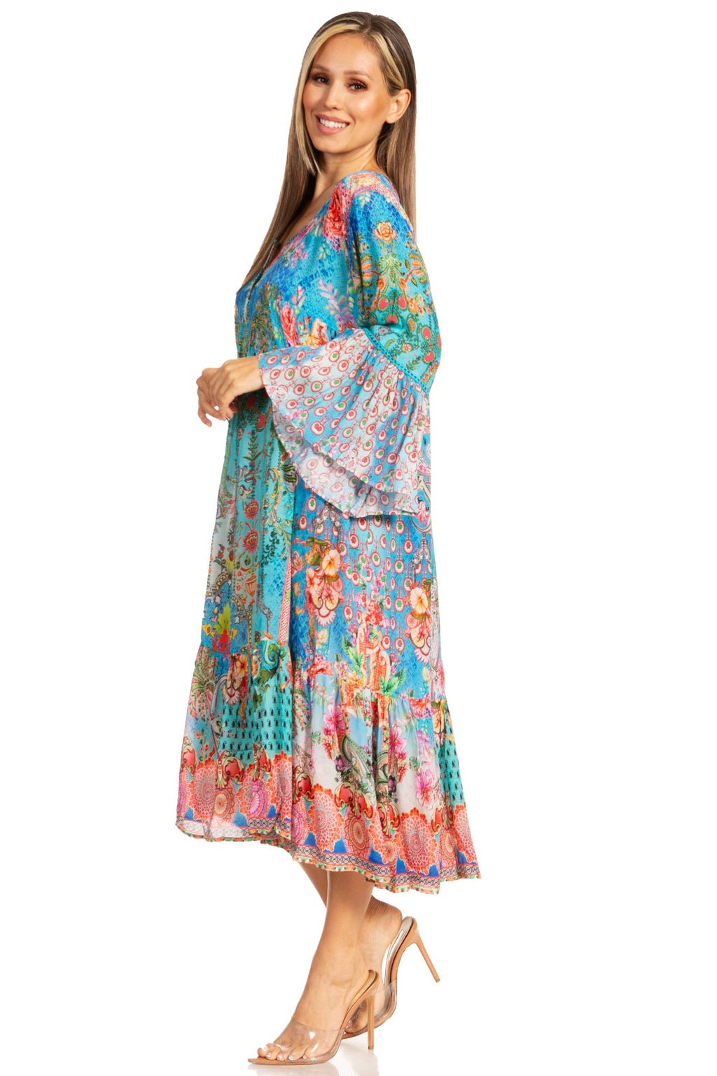 Sakkas Womens 3/4 Ruffled Sleeves Henley Neck Summer Short Flowy Dress/Beachwear dresses La Vie Bien Sakkas Womens 3/4 Ruffled Sleeves Henley Neck Summer Short Flowy Dress/Beachwear