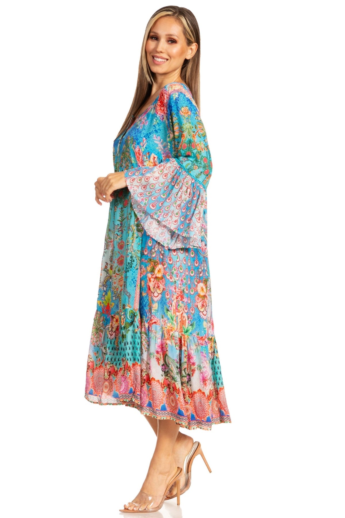 Sakkas Womens 3/4 Ruffled Sleeves Henley Neck Summer Short Flowy Dress/Beachwear dresses La Vie Bien Sakkas Womens 3/4 Ruffled Sleeves Henley Neck Summer Short Flowy Dress/Beachwear