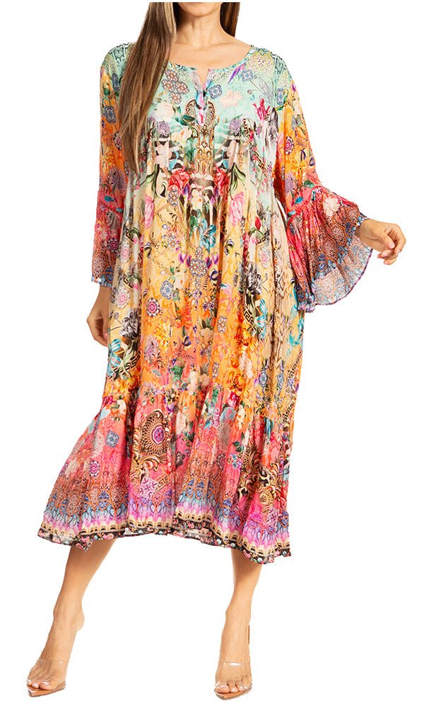 Sakkas Womens 3/4 Ruffled Sleeves Henley Neck Summer Short Flowy Dress/Beachwear dresses La Vie Bien Sakkas Womens 3/4 Ruffled Sleeves Henley Neck Summer Short Flowy Dress/Beachwear