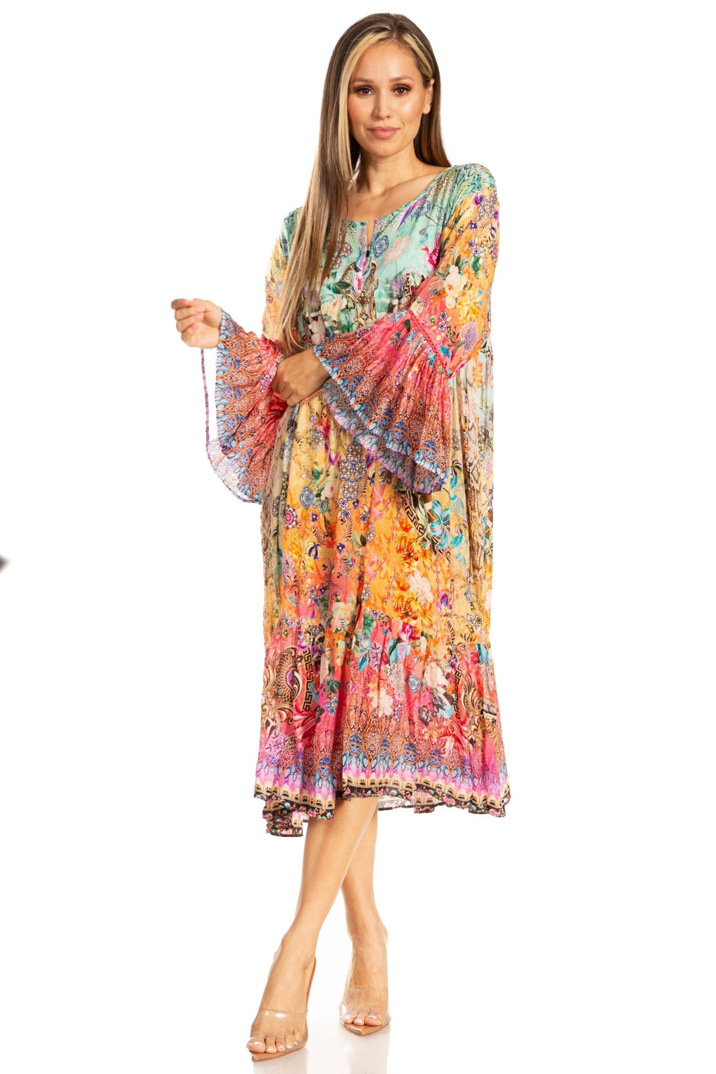 Sakkas Womens 3/4 Ruffled Sleeves Henley Neck Summer Short Flowy Dress/Beachwear dresses La Vie Bien Sakkas Womens 3/4 Ruffled Sleeves Henley Neck Summer Short Flowy Dress/Beachwear