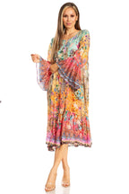 Sakkas Womens 3/4 Ruffled Sleeves Henley Neck Summer Short Flowy Dress/Beachwear dresses La Vie Bien Sakkas Womens 3/4 Ruffled Sleeves Henley Neck Summer Short Flowy Dress/Beachwear