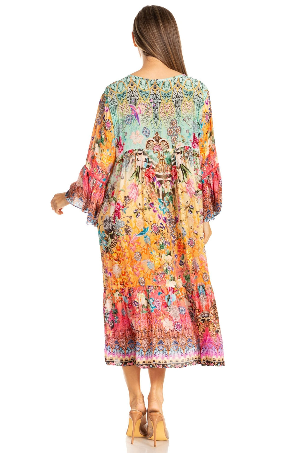Sakkas Womens 3/4 Ruffled Sleeves Henley Neck Summer Short Flowy Dress/Beachwear dresses La Vie Bien Sakkas Womens 3/4 Ruffled Sleeves Henley Neck Summer Short Flowy Dress/Beachwear