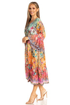 Sakkas Womens 3/4 Ruffled Sleeves Henley Neck Summer Short Flowy Dress/Beachwear dresses La Vie Bien Sakkas Womens 3/4 Ruffled Sleeves Henley Neck Summer Short Flowy Dress/Beachwear