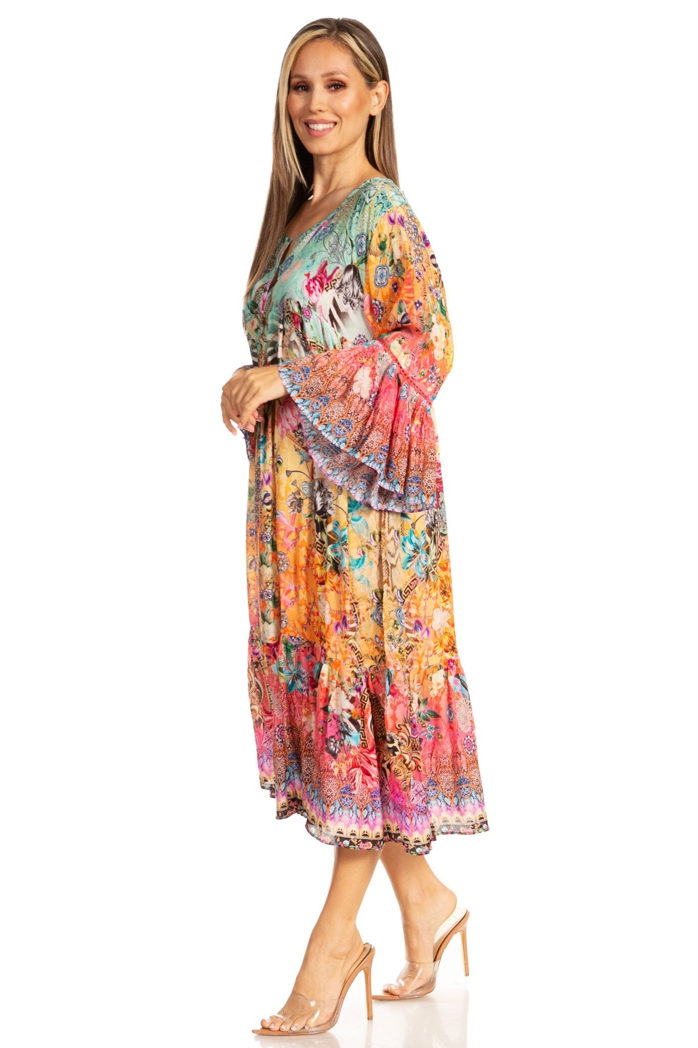 Sakkas Womens 3/4 Ruffled Sleeves Henley Neck Summer Short Flowy Dress/Beachwear dresses La Vie Bien Sakkas Womens 3/4 Ruffled Sleeves Henley Neck Summer Short Flowy Dress/Beachwear