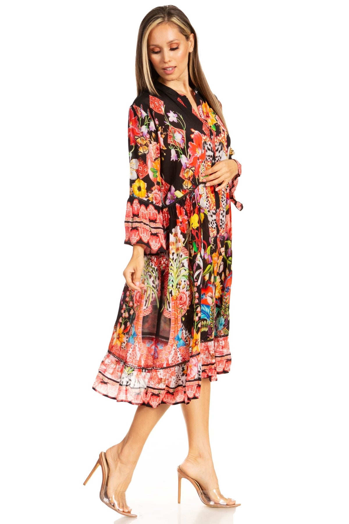 Sakkas Womens 3/4 Sleeves Button Down Spring/Summer Short Shirt Dress/Cover-up dresses La Vie Bien Sakkas Womens 3/4 Sleeves Button Down Spring/Summer Short Shirt Dress/Cover-up