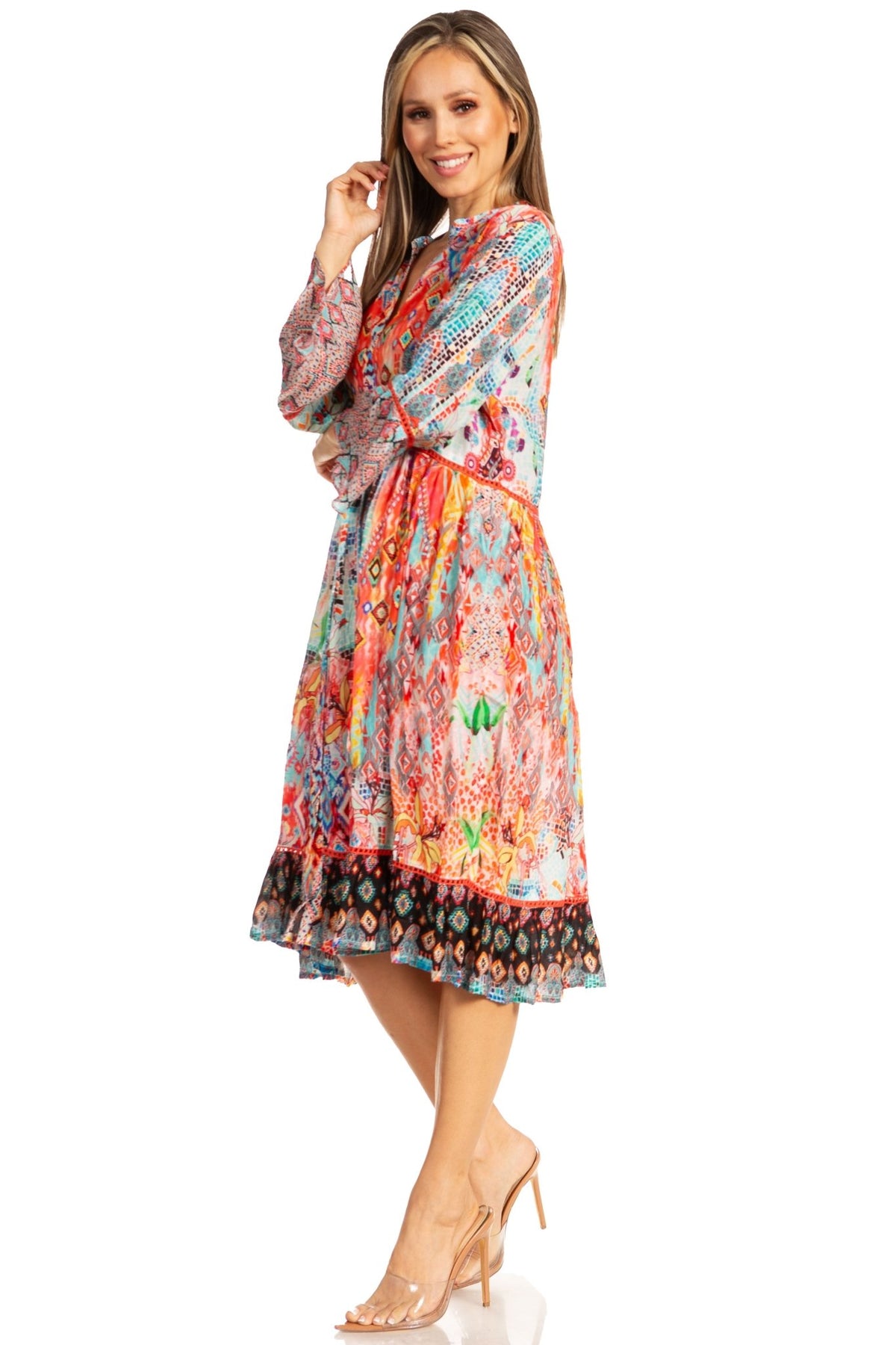 Sakkas Womens 3/4 Sleeves Button Down Spring/Summer Short Shirt Dress/Cover-up dresses La Vie Bien Sakkas Womens 3/4 Sleeves Button Down Spring/Summer Short Shirt Dress/Cover-up