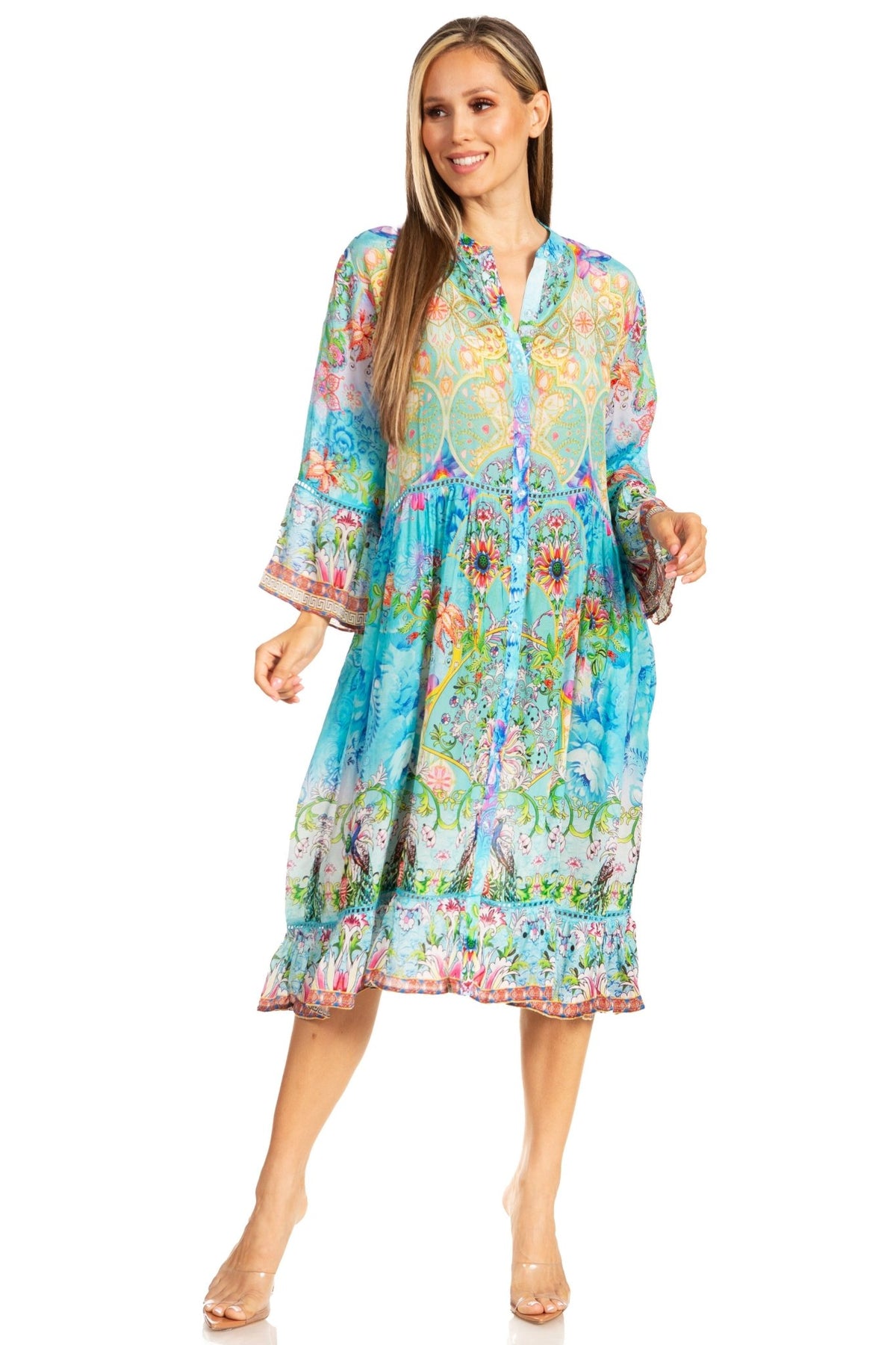 Sakkas Womens 3/4 Sleeves Button Down Spring/Summer Short Shirt Dress/Cover-up dresses La Vie Bien Sakkas Womens 3/4 Sleeves Button Down Spring/Summer Short Shirt Dress/Cover-up