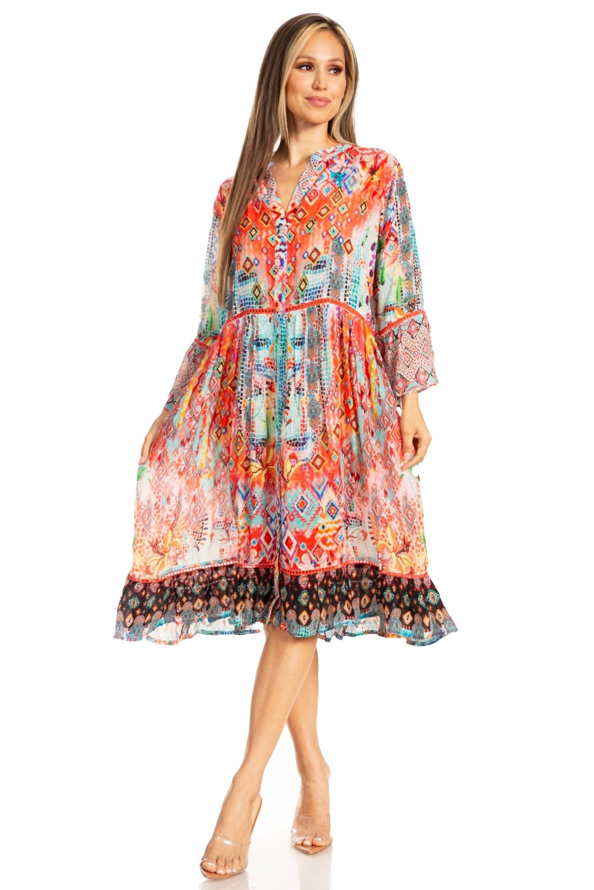 Sakkas Womens 3/4 Sleeves Button Down Spring/Summer Short Shirt Dress/Cover-up dresses La Vie Bien Sakkas Womens 3/4 Sleeves Button Down Spring/Summer Short Shirt Dress/Cover-up