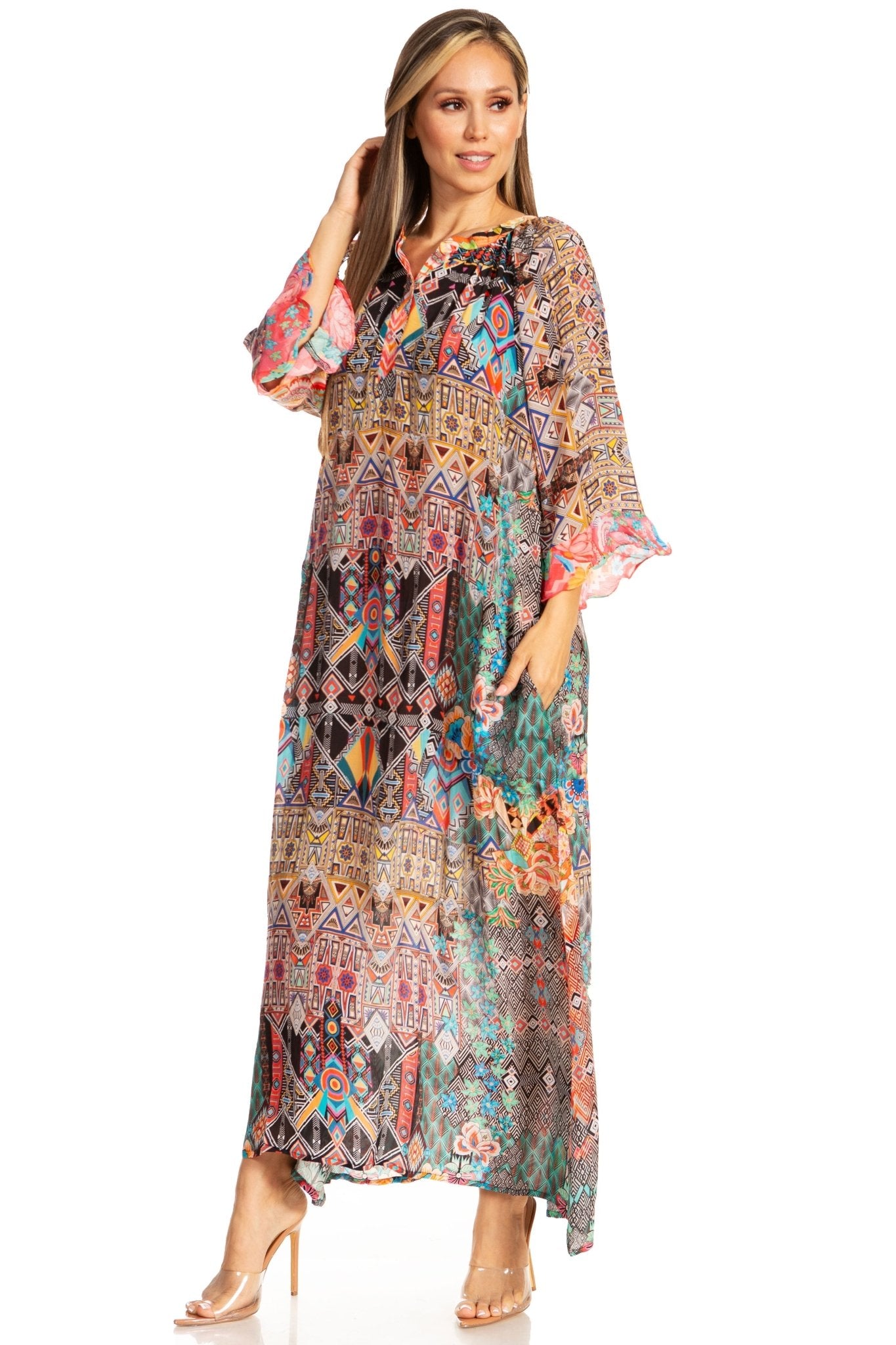 Sakkas Womens Henley Neck Elbow Sleeves Long A-Line Summer dress with pockets dresses La Vie Bien Sakkas Womens Henley Neck Elbow Sleeves Long A-Line Summer dress with pockets
