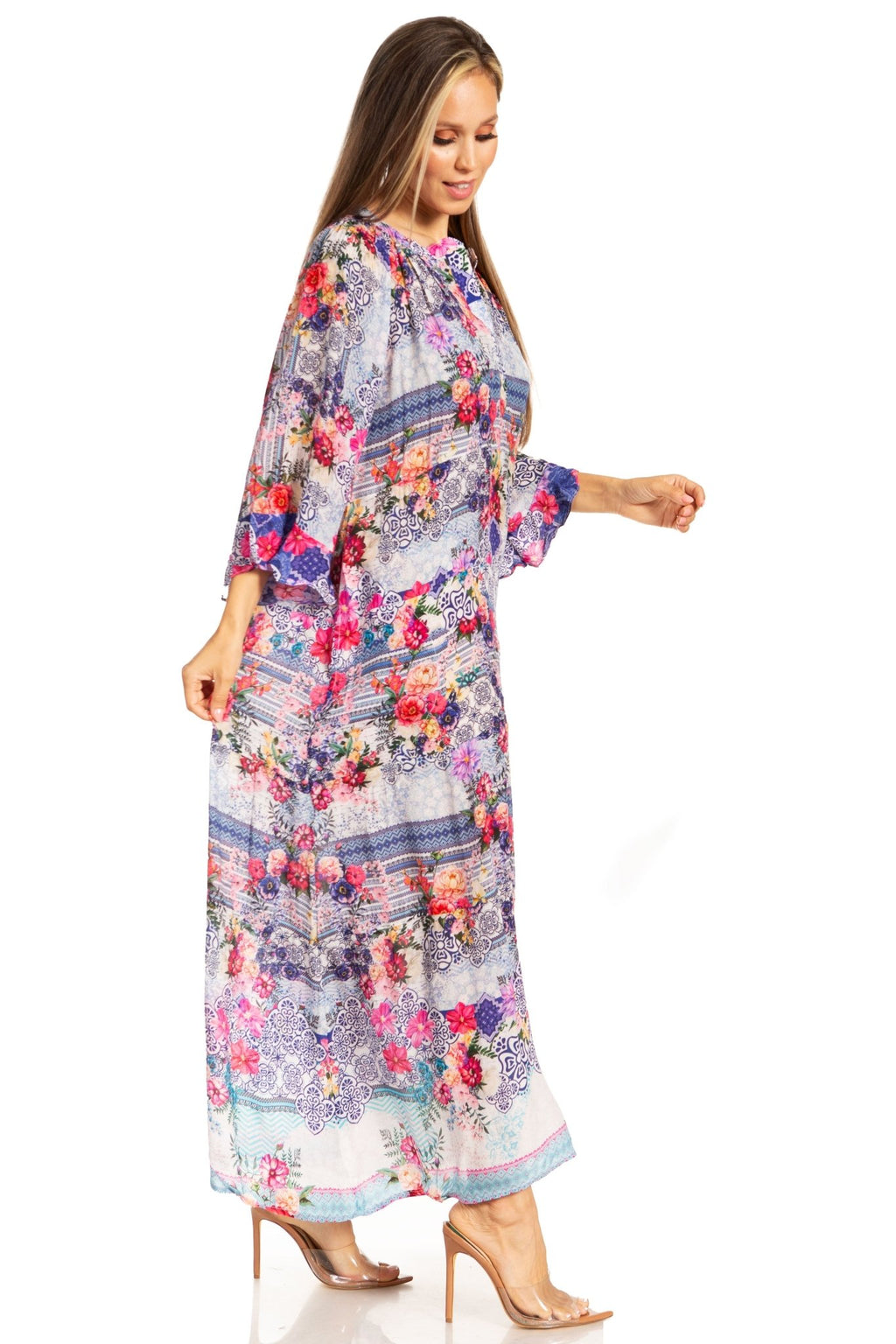 Sakkas Womens Henley Neck Elbow Sleeves Long A-Line Summer dress with pockets dresses La Vie Bien Sakkas Womens Henley Neck Elbow Sleeves Long A-Line Summer dress with pockets