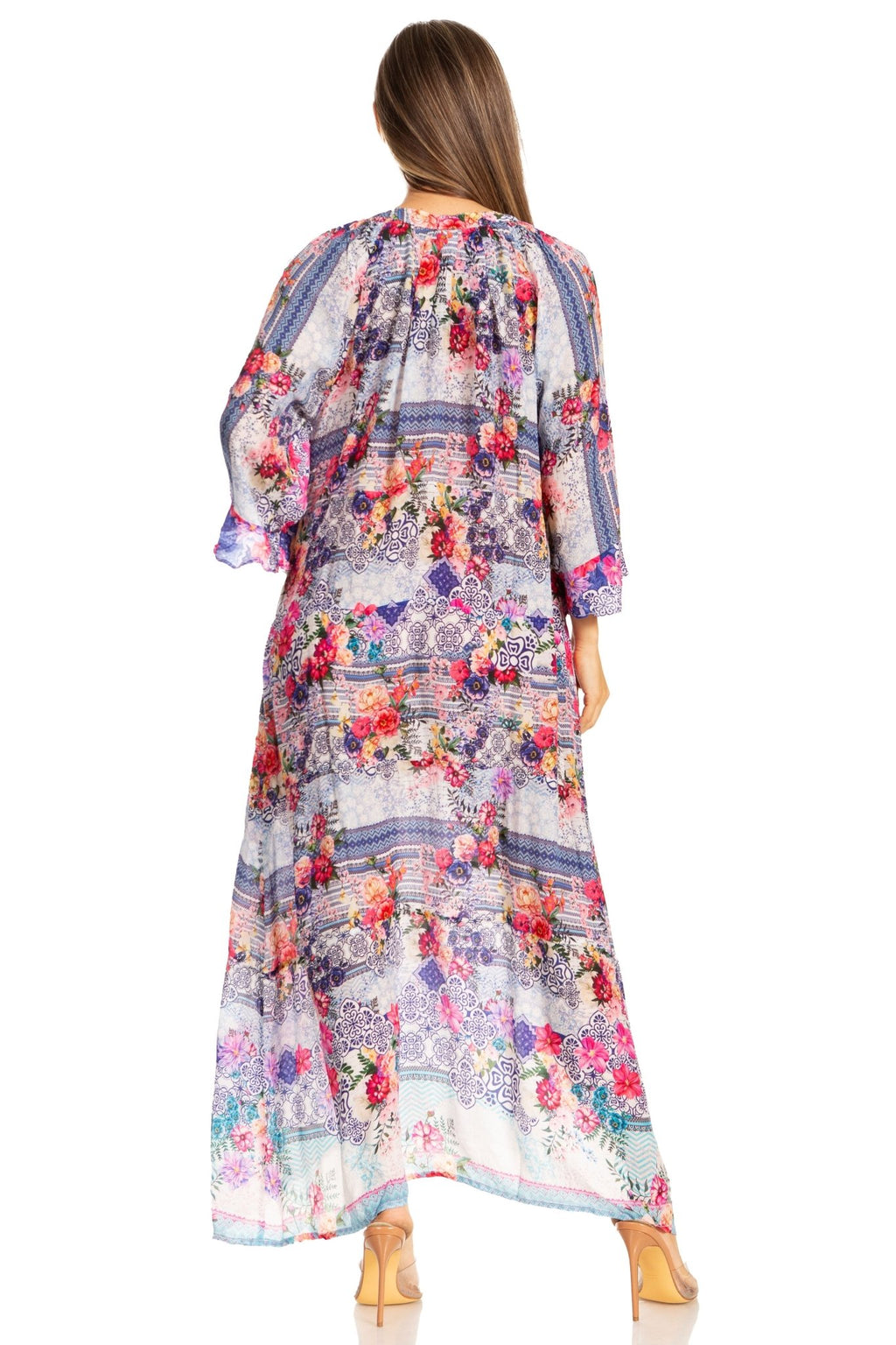 Sakkas Womens Henley Neck Elbow Sleeves Long A-Line Summer dress with pockets dresses La Vie Bien Sakkas Womens Henley Neck Elbow Sleeves Long A-Line Summer dress with pockets