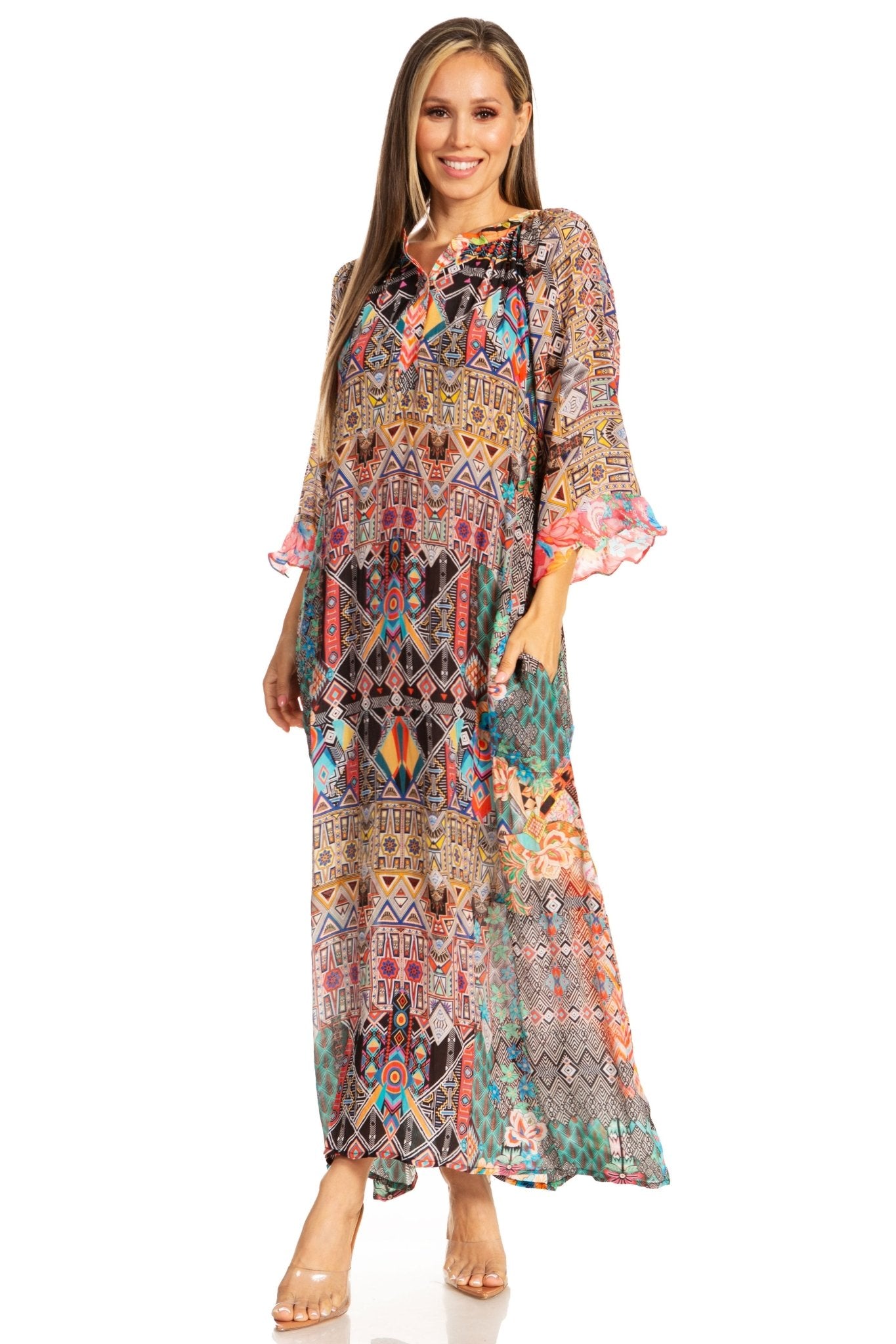 Sakkas Womens Henley Neck Elbow Sleeves Long A-Line Summer dress with pockets dresses La Vie Bien Sakkas Womens Henley Neck Elbow Sleeves Long A-Line Summer dress with pockets