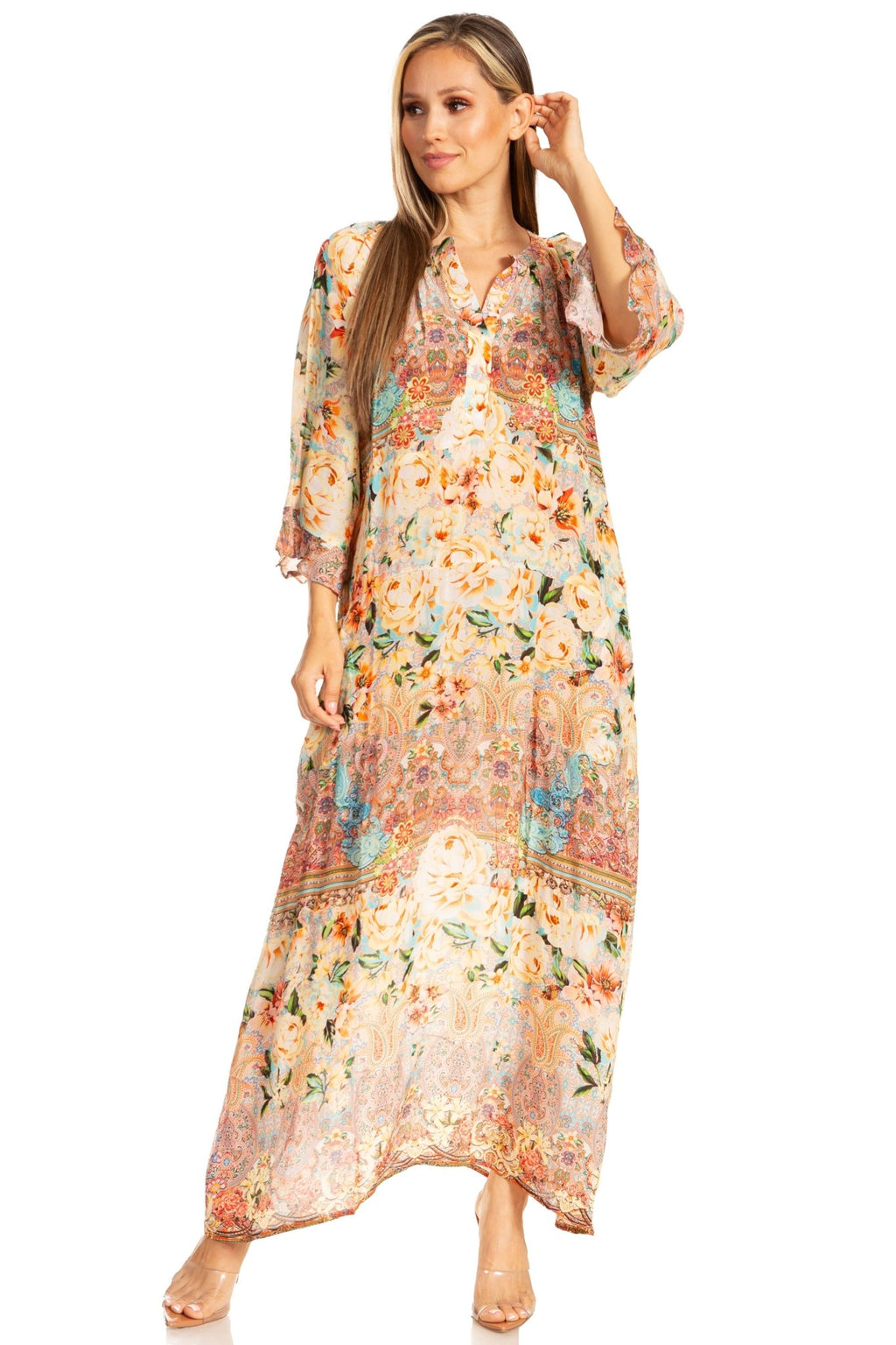 Sakkas Womens Henley Neck Elbow Sleeves Long A-Line Summer dress with pockets dresses La Vie Bien Sakkas Womens Henley Neck Elbow Sleeves Long A-Line Summer dress with pockets