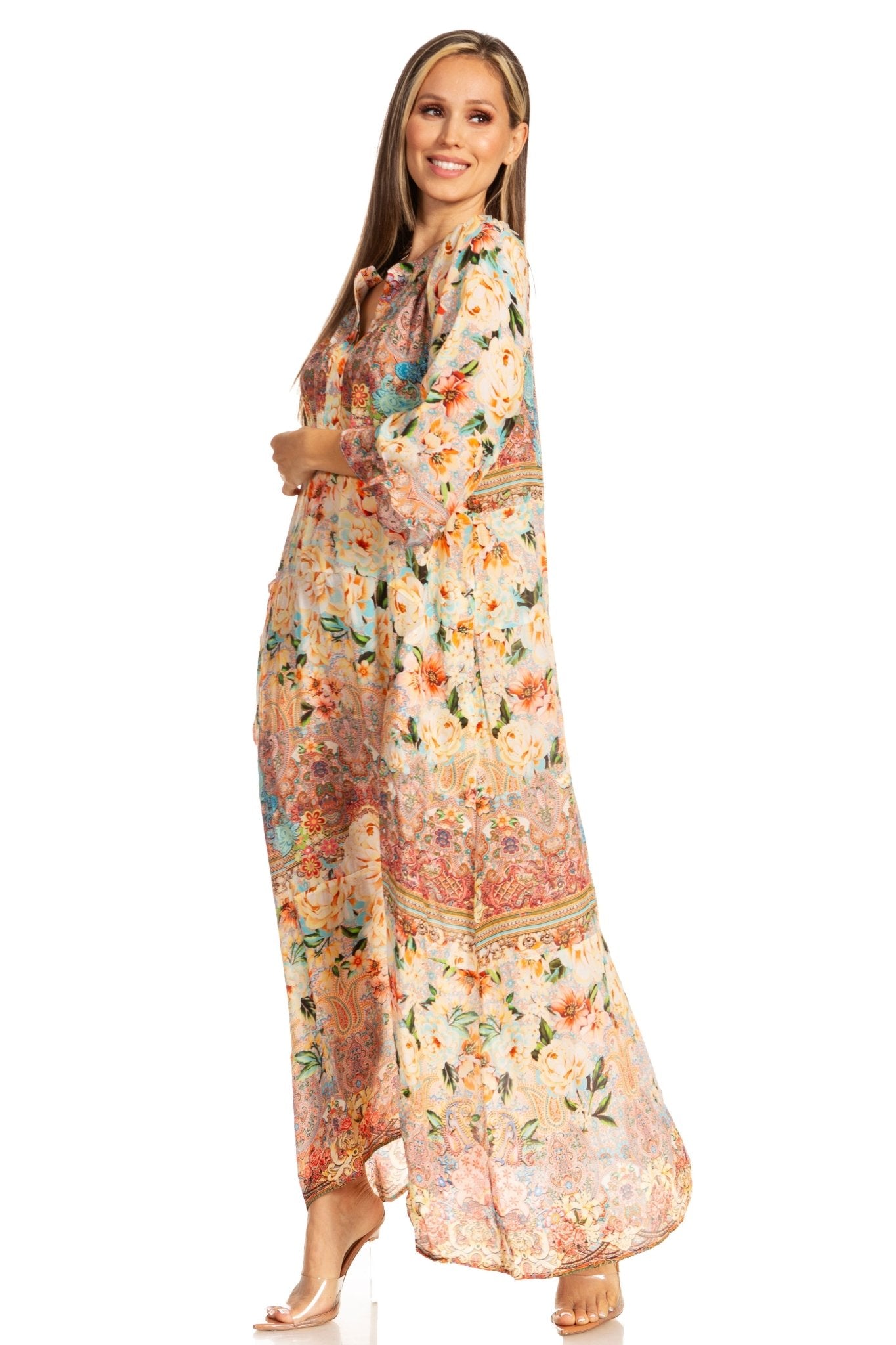 Sakkas Womens Henley Neck Elbow Sleeves Long A-Line Summer dress with pockets dresses La Vie Bien Sakkas Womens Henley Neck Elbow Sleeves Long A-Line Summer dress with pockets
