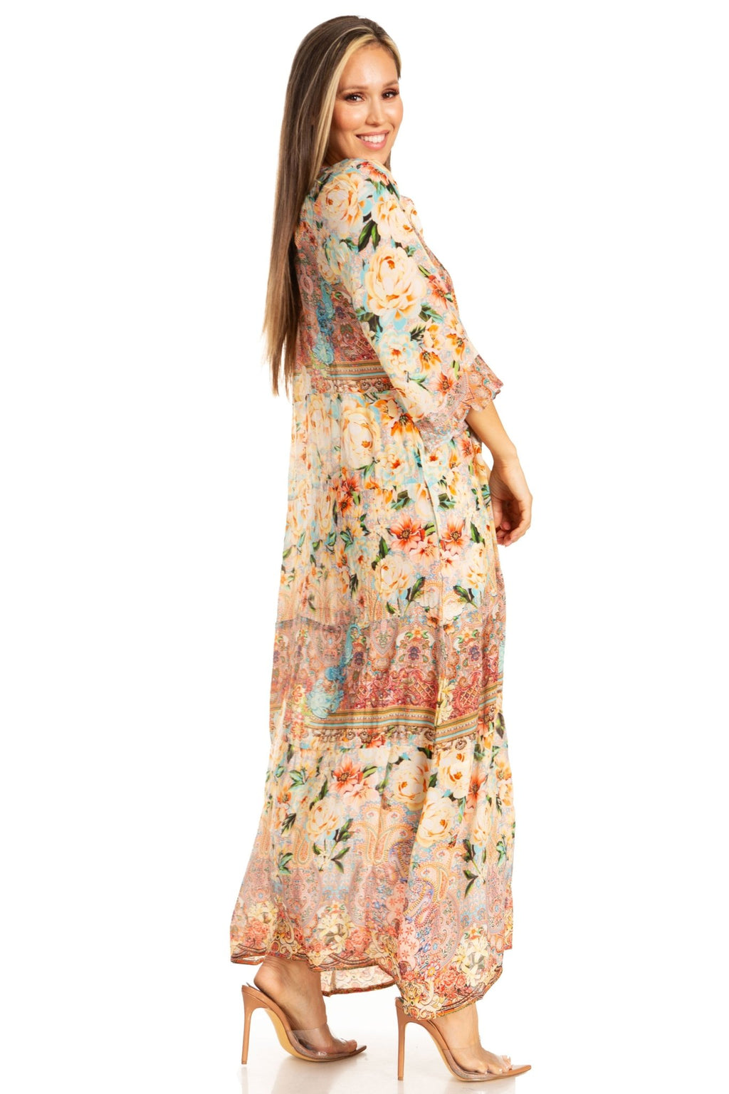 Sakkas Womens Henley Neck Elbow Sleeves Long A-Line Summer dress with pockets dresses La Vie Bien Sakkas Womens Henley Neck Elbow Sleeves Long A-Line Summer dress with pockets