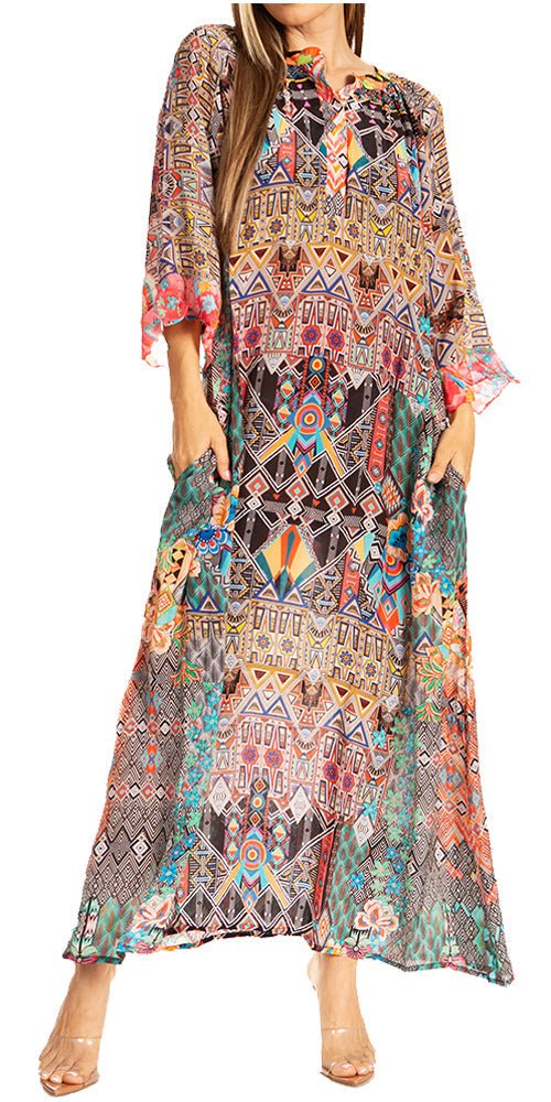 Sakkas Womens Henley Neck Elbow Sleeves Long A-Line Summer dress with pockets dresses La Vie Bien Sakkas Womens Henley Neck Elbow Sleeves Long A-Line Summer dress with pockets