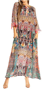 Sakkas Womens Henley Neck Elbow Sleeves Long A-Line Summer dress with pockets dresses La Vie Bien Sakkas Womens Henley Neck Elbow Sleeves Long A-Line Summer dress with pockets
