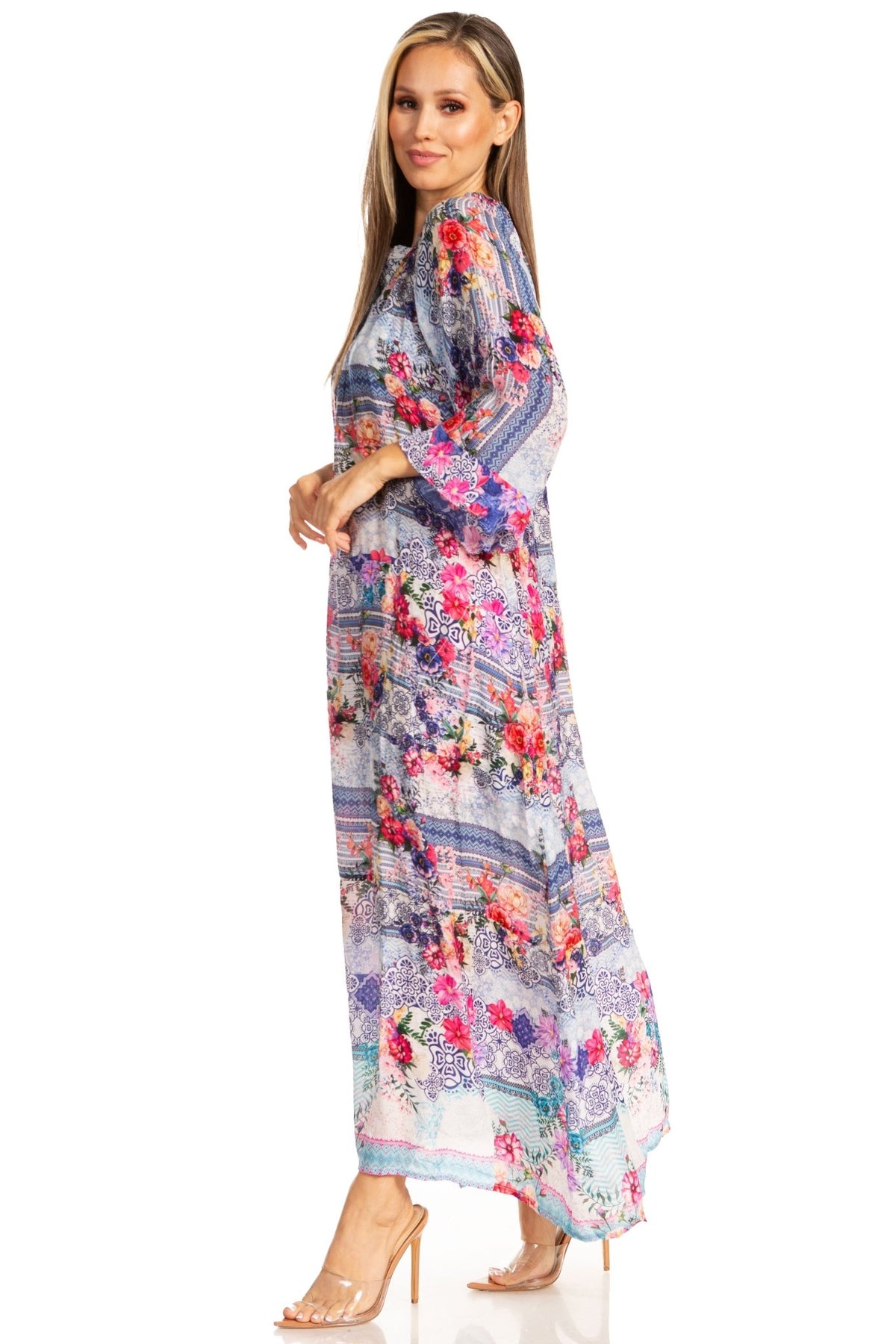 Sakkas Womens Henley Neck Elbow Sleeves Long A-Line Summer dress with pockets dresses La Vie Bien Sakkas Womens Henley Neck Elbow Sleeves Long A-Line Summer dress with pockets