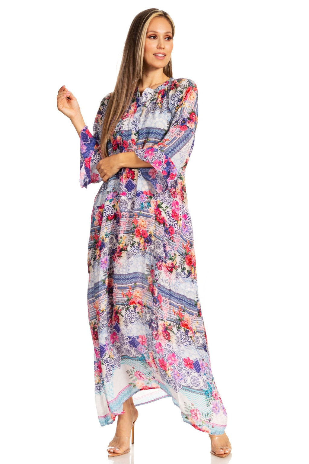 Sakkas Womens Henley Neck Elbow Sleeves Long A-Line Summer dress with pockets dresses La Vie Bien Sakkas Womens Henley Neck Elbow Sleeves Long A-Line Summer dress with pockets