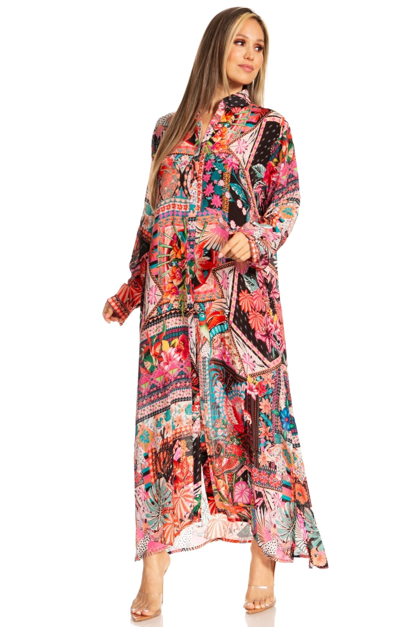 Sakkas Womens Long Sleeves Button Down Spring/Summer Maxi Shirt dress/Beachwear dresses La Vie Bien Sakkas Womens Long Sleeves Button Down Spring/Summer Maxi Shirt dress/Beachwear