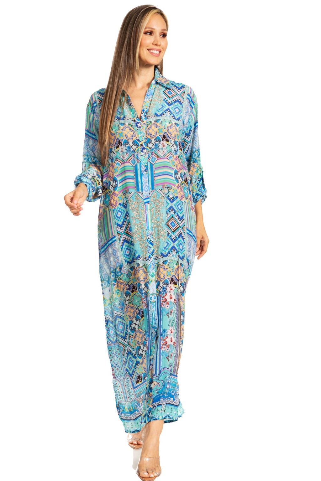 Sakkas Womens Long Sleeves Button Down Spring/Summer Maxi Shirt dress/Beachwear dresses La Vie Bien Sakkas Womens Long Sleeves Button Down Spring/Summer Maxi Shirt dress/Beachwear