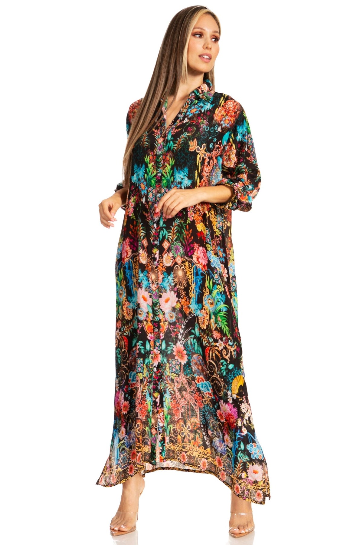 Sakkas Womens Long Sleeves Button Down Spring/Summer Maxi Shirt dress/Beachwear dresses La Vie Bien Sakkas Womens Long Sleeves Button Down Spring/Summer Maxi Shirt dress/Beachwear