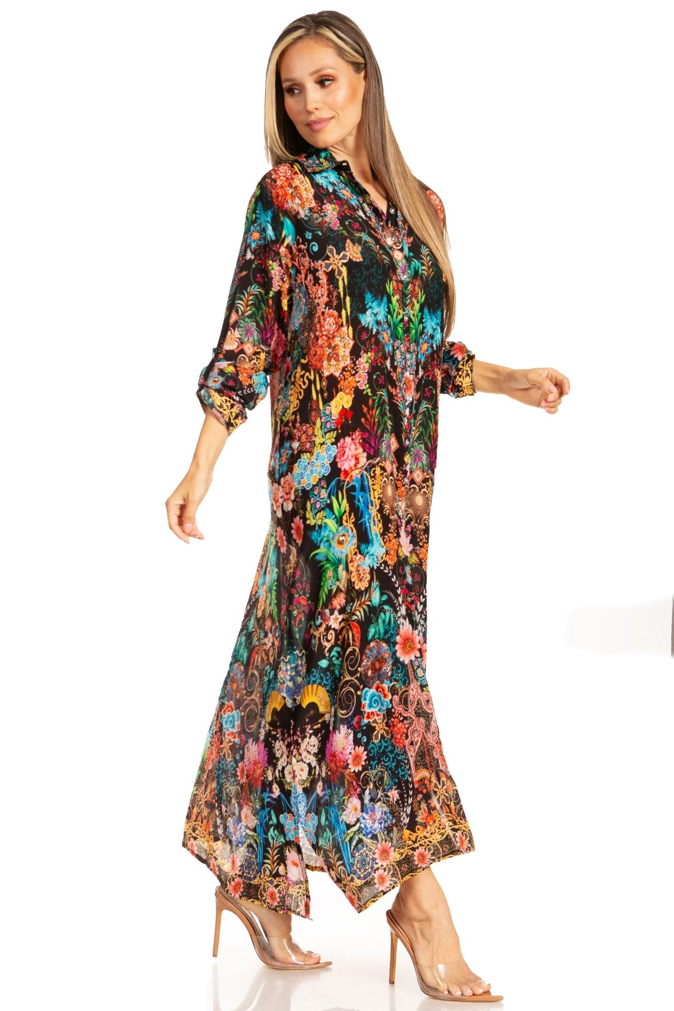 Sakkas Womens Long Sleeves Button Down Spring/Summer Maxi Shirt dress/Beachwear dresses La Vie Bien Sakkas Womens Long Sleeves Button Down Spring/Summer Maxi Shirt dress/Beachwear