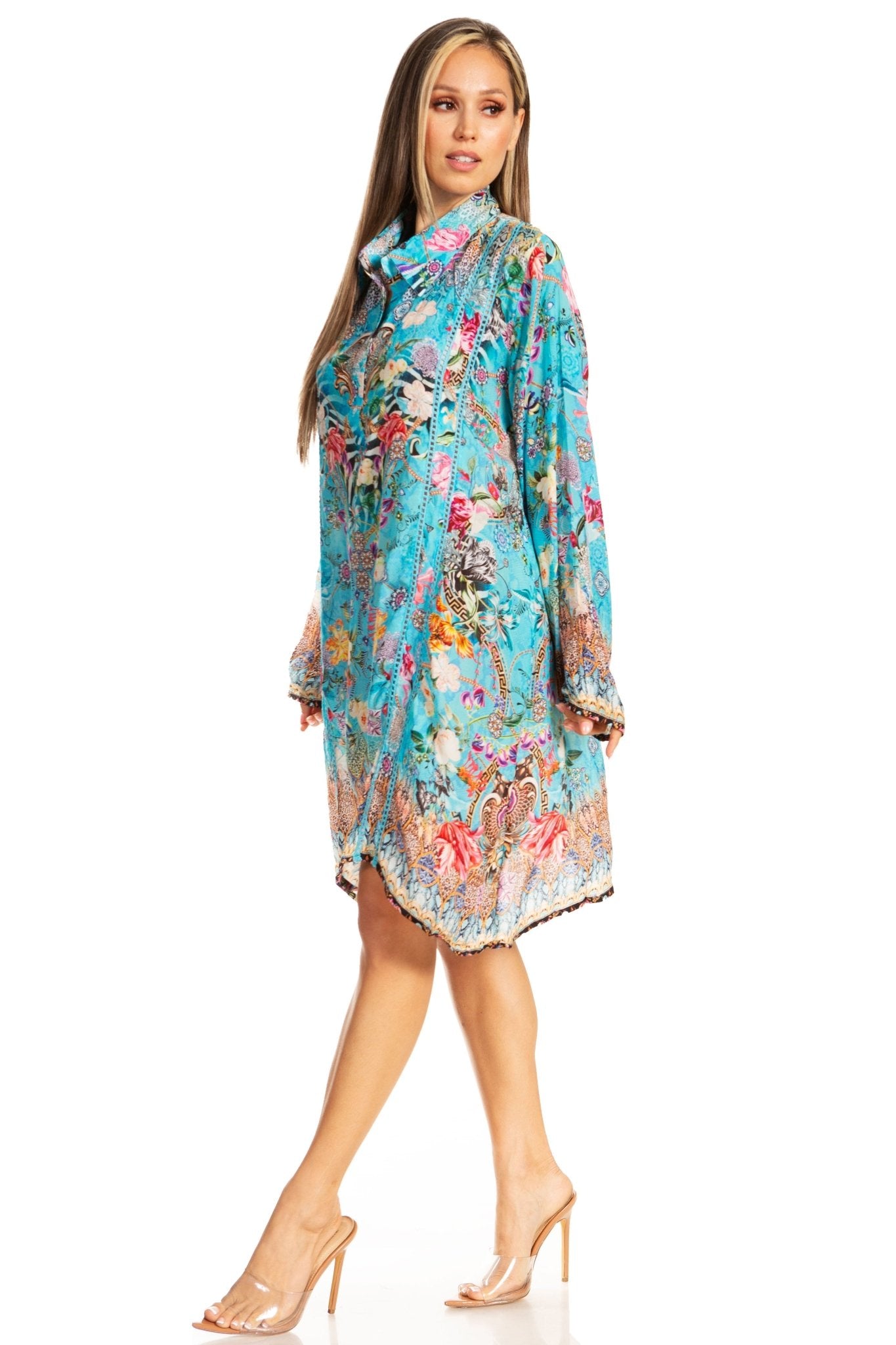 Sakkas Womens Long Sleeves Collared Neck Spring/Summer Short Shirt Dress/Cover-up dresses La Vie Bien Sakkas Womens Long Sleeves Collared Neck Spring/Summer Short Shirt Dress/Cover-up