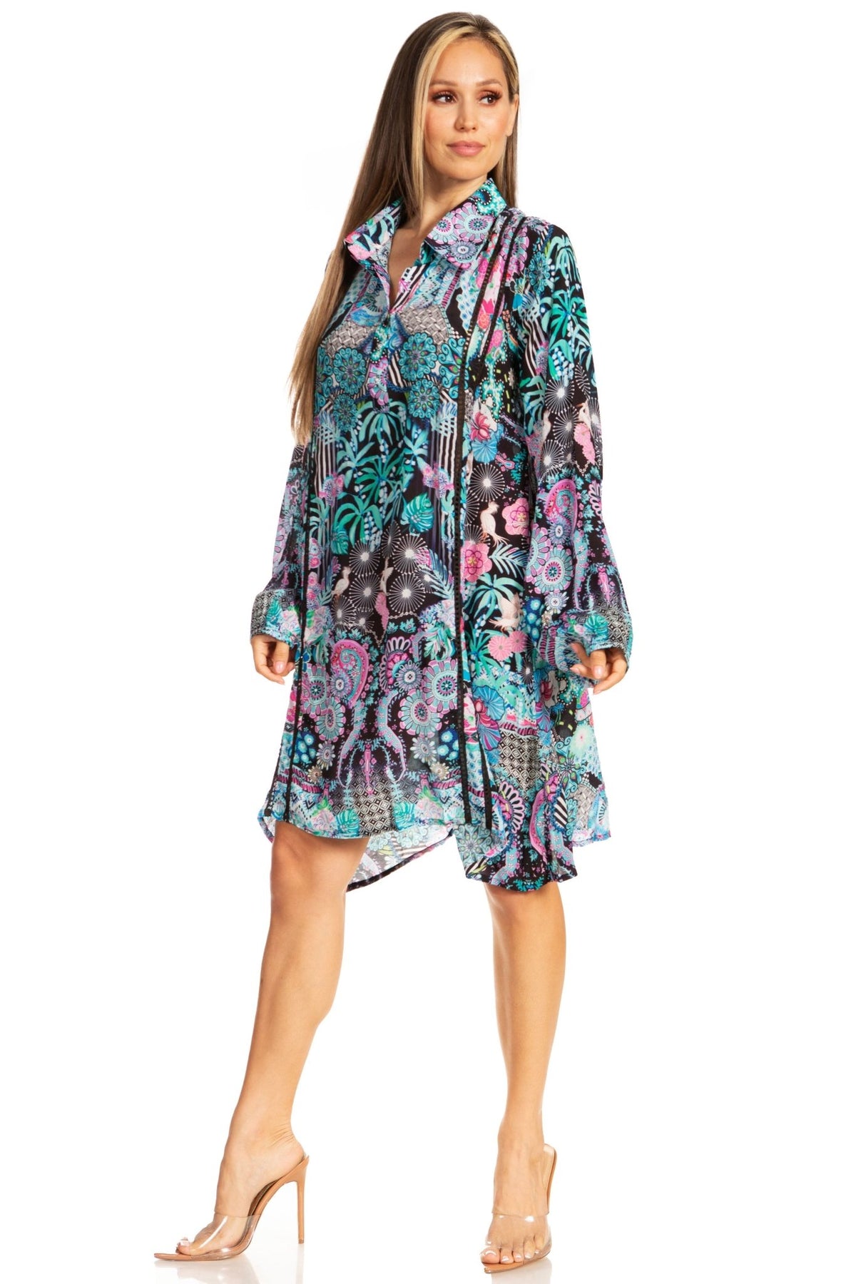 Sakkas Womens Long Sleeves Collared Neck Spring/Summer Short Shirt Dress/Cover-up dresses La Vie Bien Sakkas Womens Long Sleeves Collared Neck Spring/Summer Short Shirt Dress/Cover-up