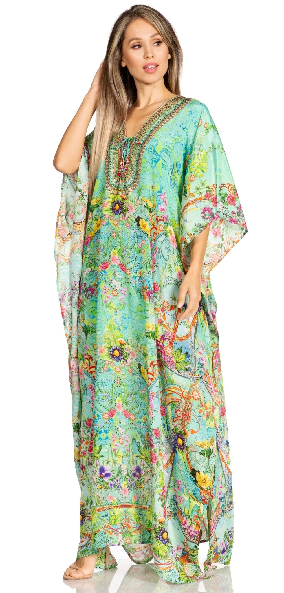 Sakkas Yeni Women's Short Sleeve V-neck Summer Floral Long Caftan Dress Cover-up dresses La Vie Bien Sakkas Yeni Women's Short Sleeve V-neck Summer Floral Long Caftan Dress Cover-up