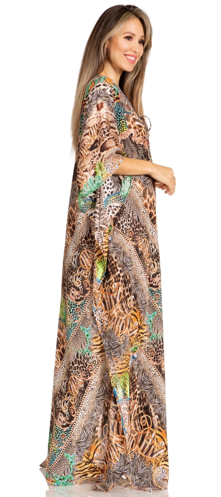 Sakkas Yeni Women's Short Sleeve V-neck Summer Floral Long Caftan Dress Cover-up dresses La Vie Bien Sakkas Yeni Women's Short Sleeve V-neck Summer Floral Long Caftan Dress Cover-up