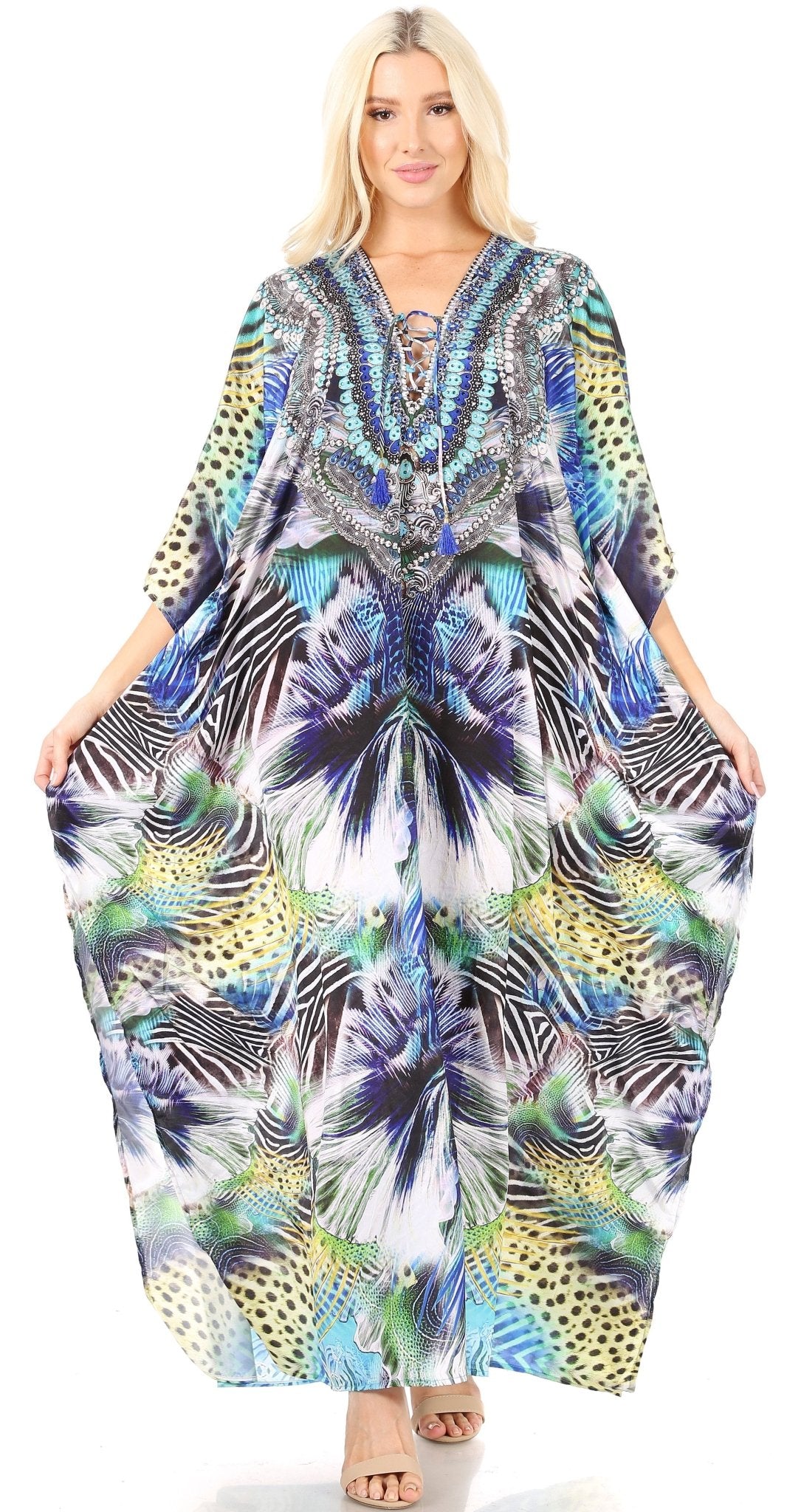 Sakkas Yeni Women's Short Sleeve V-neck Summer Floral Long Caftan Dress Cover-up dresses La Vie Bien Sakkas Yeni Women's Short Sleeve V-neck Summer Floral Long Caftan Dress Cover-up