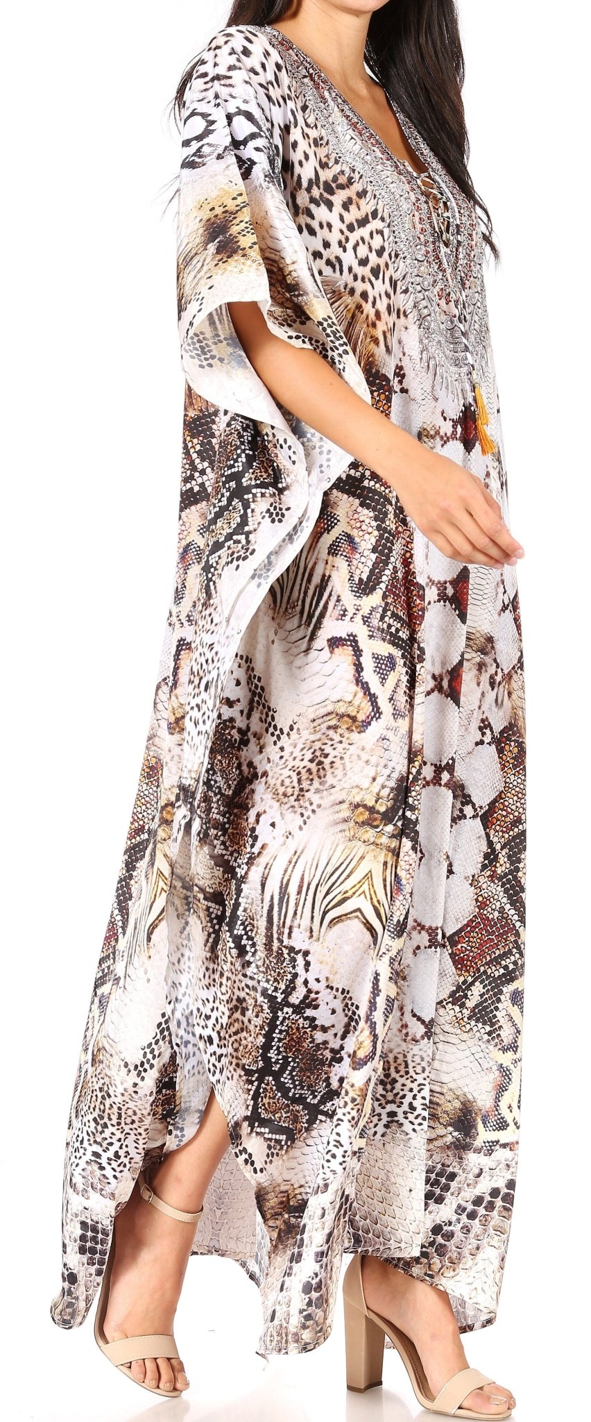 Sakkas Yeni Women's Short Sleeve V-neck Summer Floral Long Caftan Dress Cover-up dresses La Vie Bien Sakkas Yeni Women's Short Sleeve V-neck Summer Floral Long Caftan Dress Cover-up