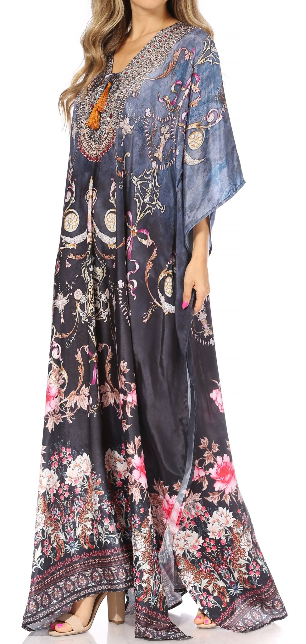 Sakkas Yeni Women's Short Sleeve V-neck Summer Floral Long Caftan Dress Cover-up dresses La Vie Bien Sakkas Yeni Women's Short Sleeve V-neck Summer Floral Long Caftan Dress Cover-up