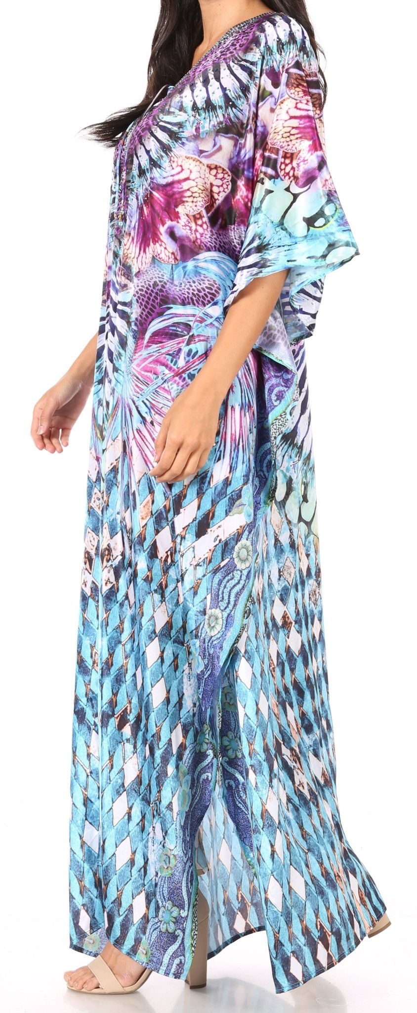 Sakkas Yeni Women's Short Sleeve V-neck Summer Floral Long Caftan Dress Cover-up dresses La Vie Bien Sakkas Yeni Women's Short Sleeve V-neck Summer Floral Long Caftan Dress Cover-up