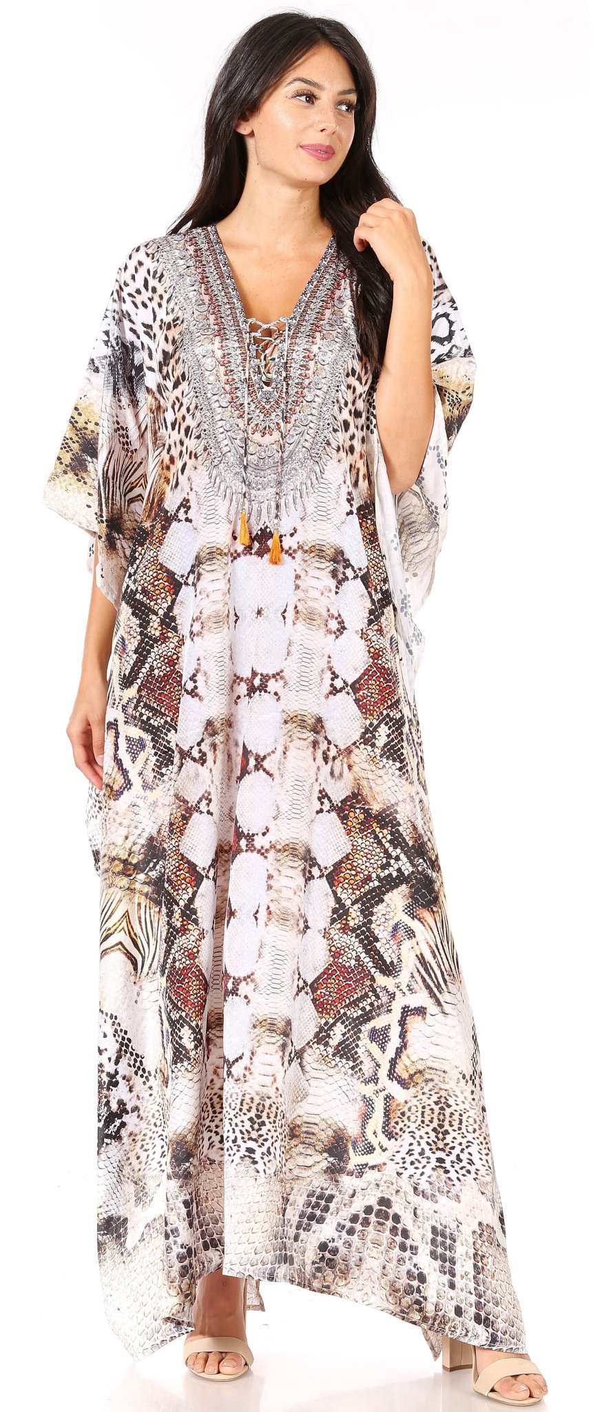Sakkas Yeni Women's Short Sleeve V-neck Summer Floral Long Caftan Dress Cover-up dresses La Vie Bien Sakkas Yeni Women's Short Sleeve V-neck Summer Floral Long Caftan Dress Cover-up