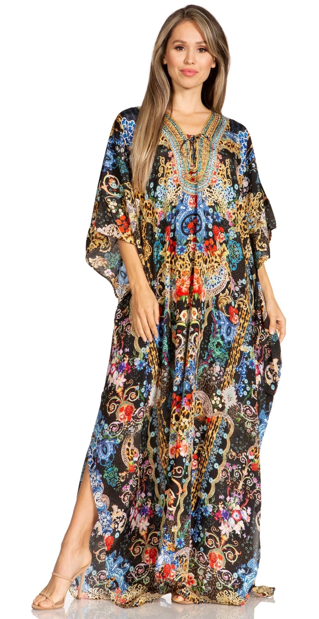 Sakkas Yeni Women's Short Sleeve V-neck Summer Floral Long Caftan Dress Cover-up dresses La Vie Bien Sakkas Yeni Women's Short Sleeve V-neck Summer Floral Long Caftan Dress Cover-up