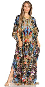 Sakkas Yeni Women's Short Sleeve V-neck Summer Floral Long Caftan Dress Cover-up dresses La Vie Bien Sakkas Yeni Women's Short Sleeve V-neck Summer Floral Long Caftan Dress Cover-up