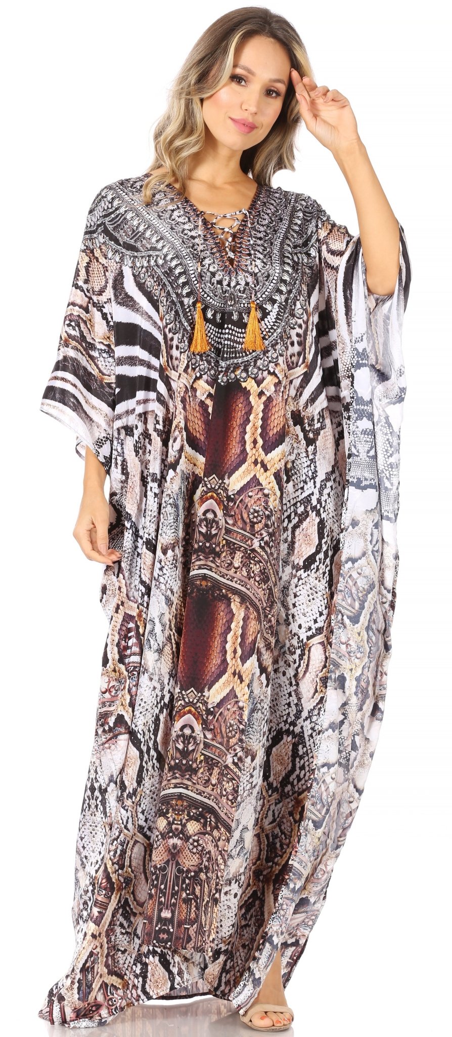 Sakkas Yeni Women's Short Sleeve V-neck Summer Floral Long Caftan Dress Cover-up dresses La Vie Bien Sakkas Yeni Women's Short Sleeve V-neck Summer Floral Long Caftan Dress Cover-up