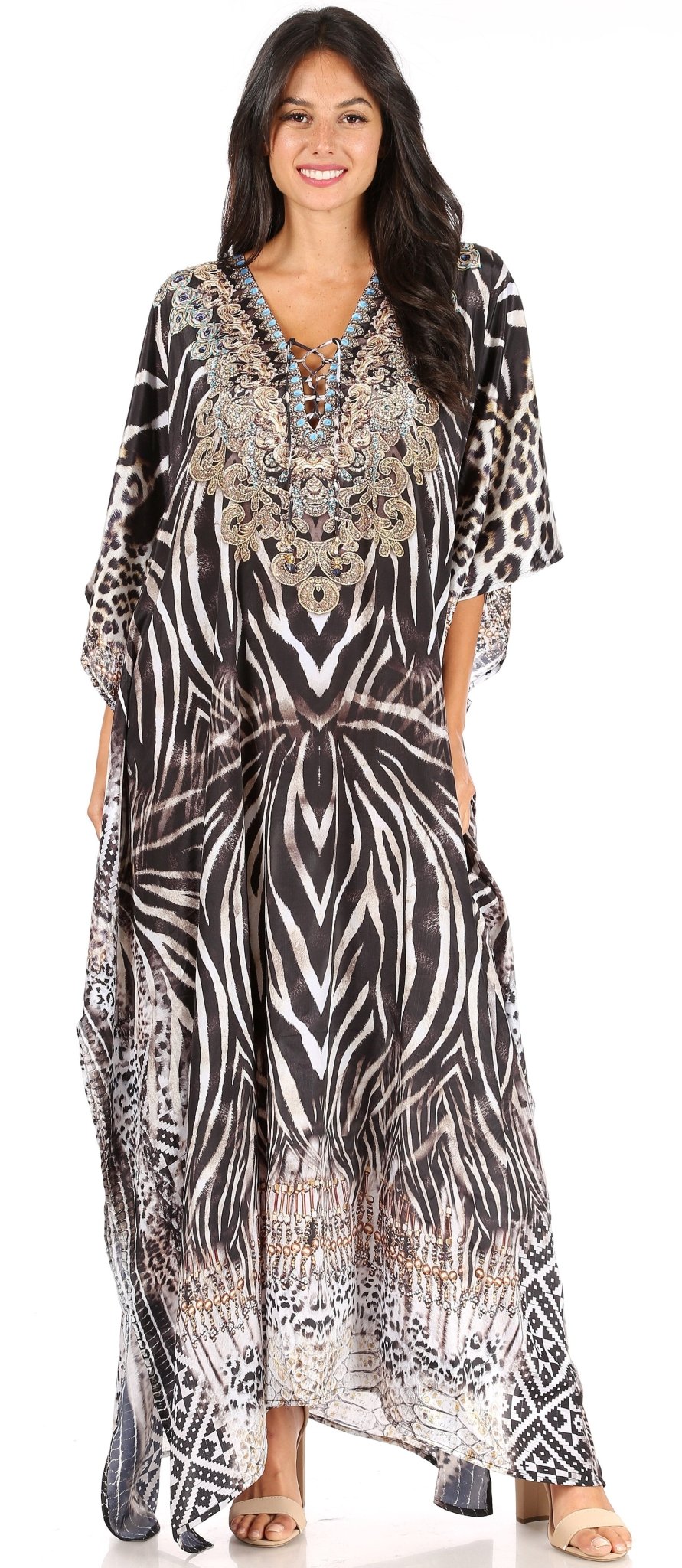 Sakkas Yeni Women's Short Sleeve V-neck Summer Floral Long Caftan Dress Cover-up dresses La Vie Bien Sakkas Yeni Women's Short Sleeve V-neck Summer Floral Long Caftan Dress Cover-up
