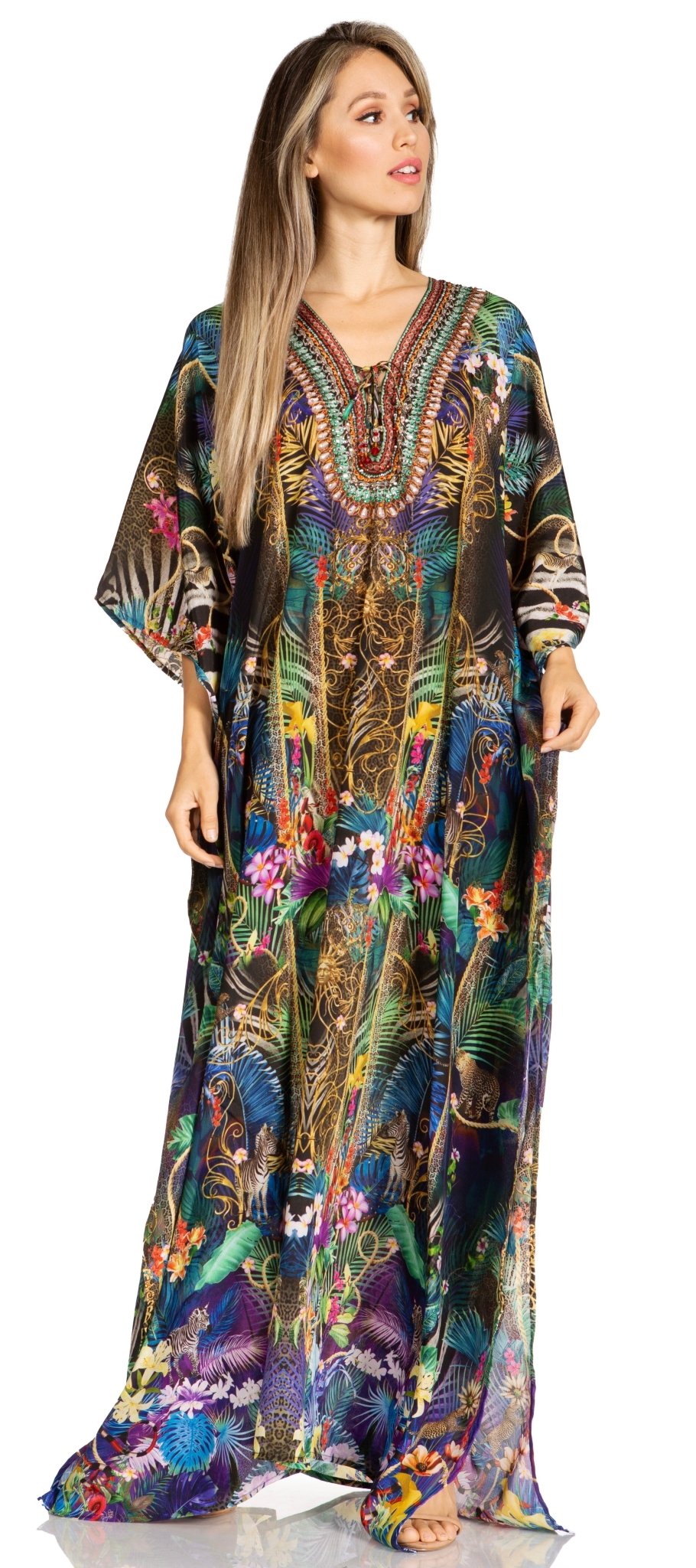 Sakkas Yeni Women's Short Sleeve V-neck Summer Floral Long Caftan Dress Cover-up dresses La Vie Bien Sakkas Yeni Women's Short Sleeve V-neck Summer Floral Long Caftan Dress Cover-up