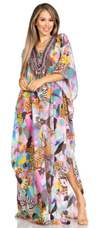 Sakkas Yeni Women's Short Sleeve V-neck Summer Floral Long Caftan Dress Cover-up dresses La Vie Bien Sakkas Yeni Women's Short Sleeve V-neck Summer Floral Long Caftan Dress Cover-up